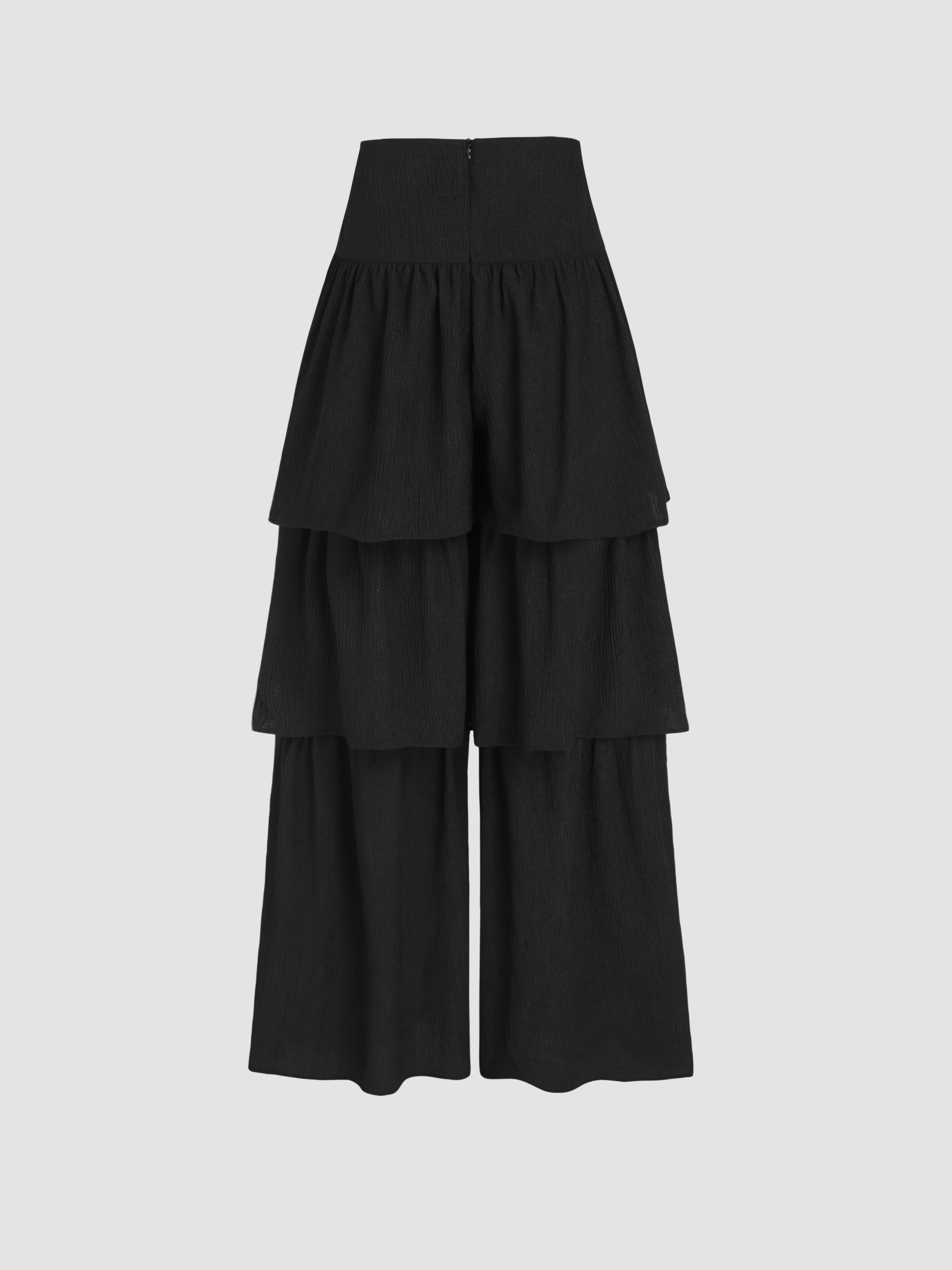 【RAIVE】Ruffled Hem Pants Navy High-Rise Smocked Waist Straight Leg Ruffle Pants