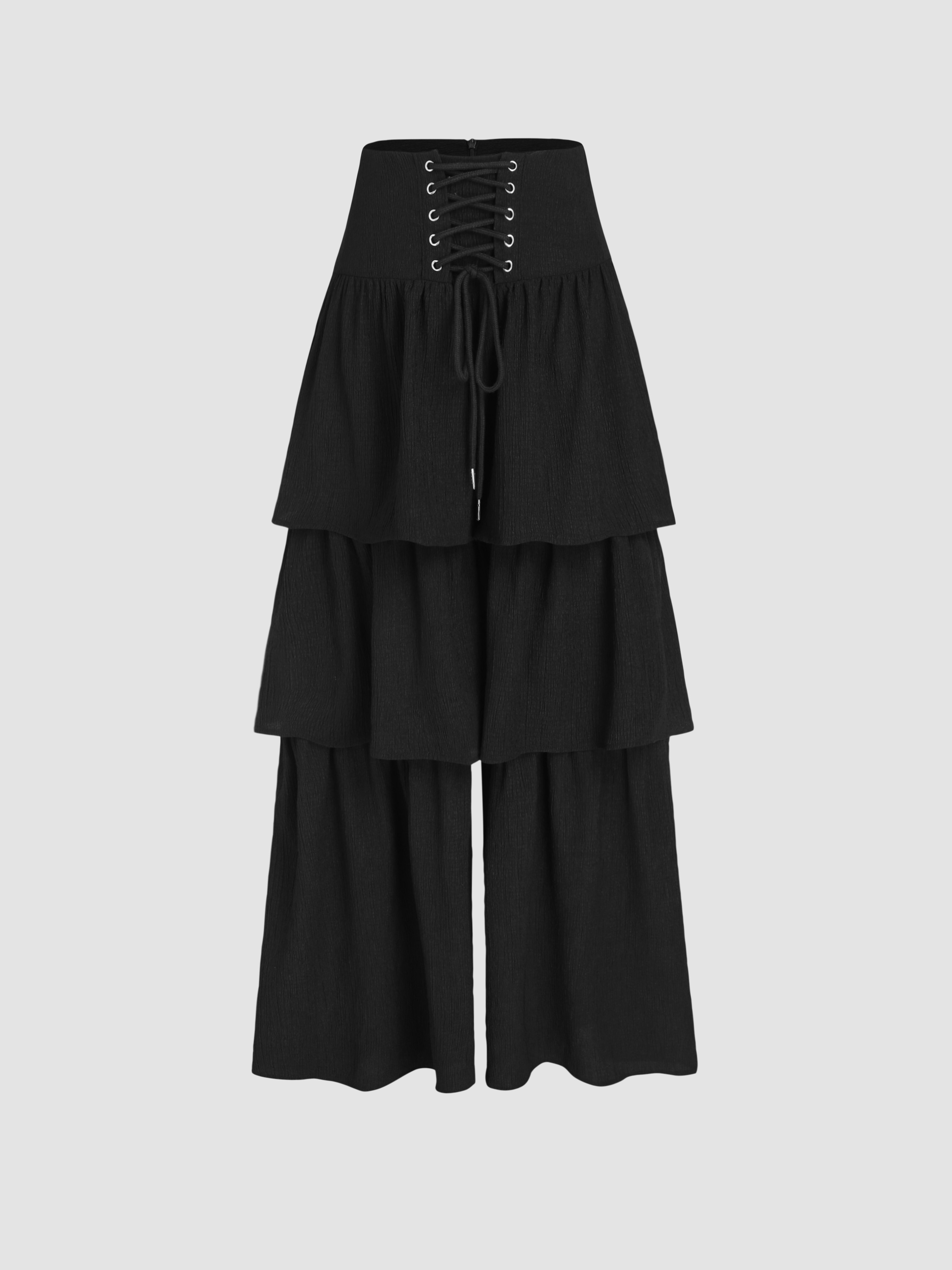 High Waist Solid Lace Up Layered Ruffle Wide Leg Trousers