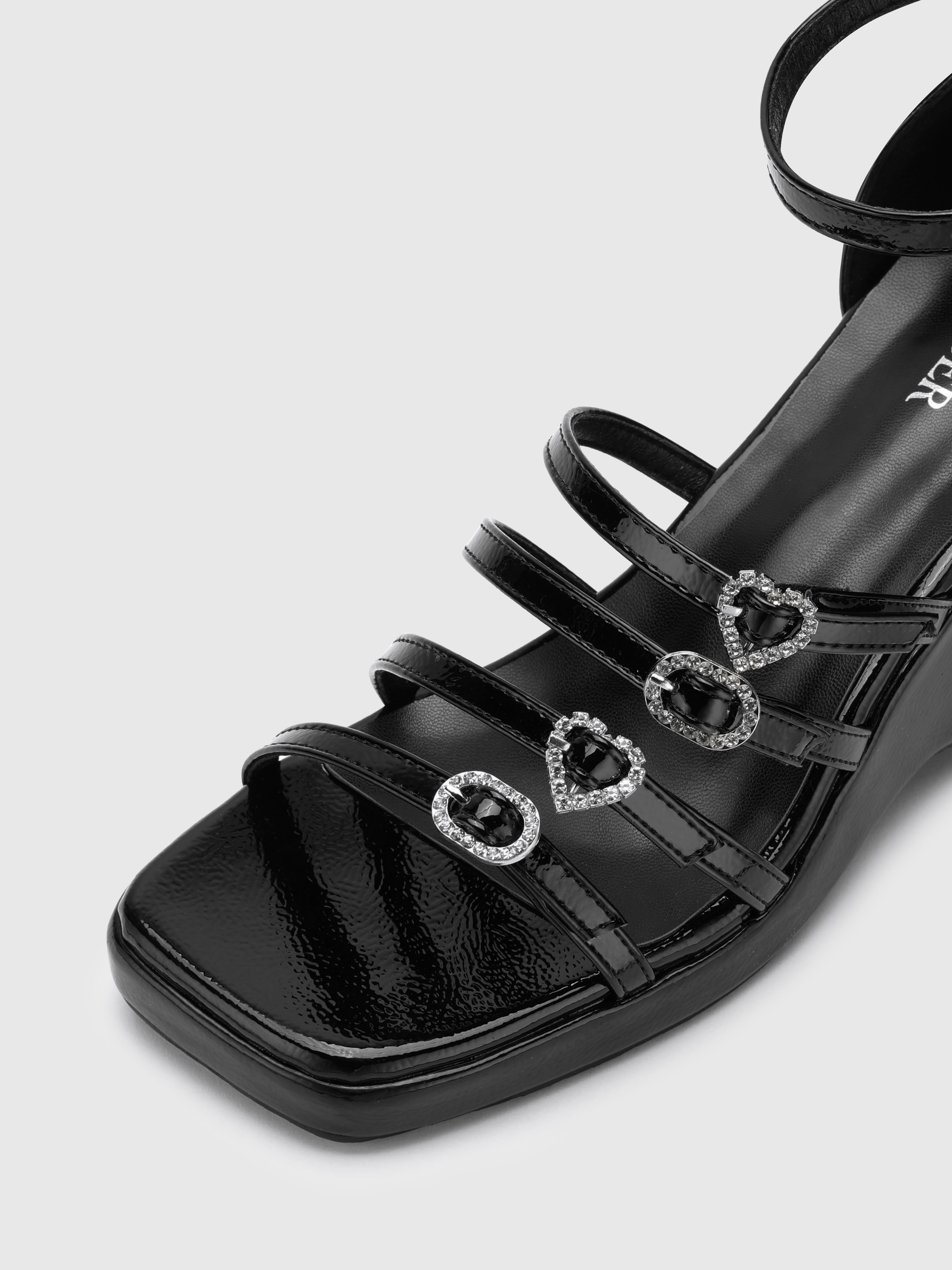 Rhinestone Buckle Faux Leather Open toe Multi Strap Sandals