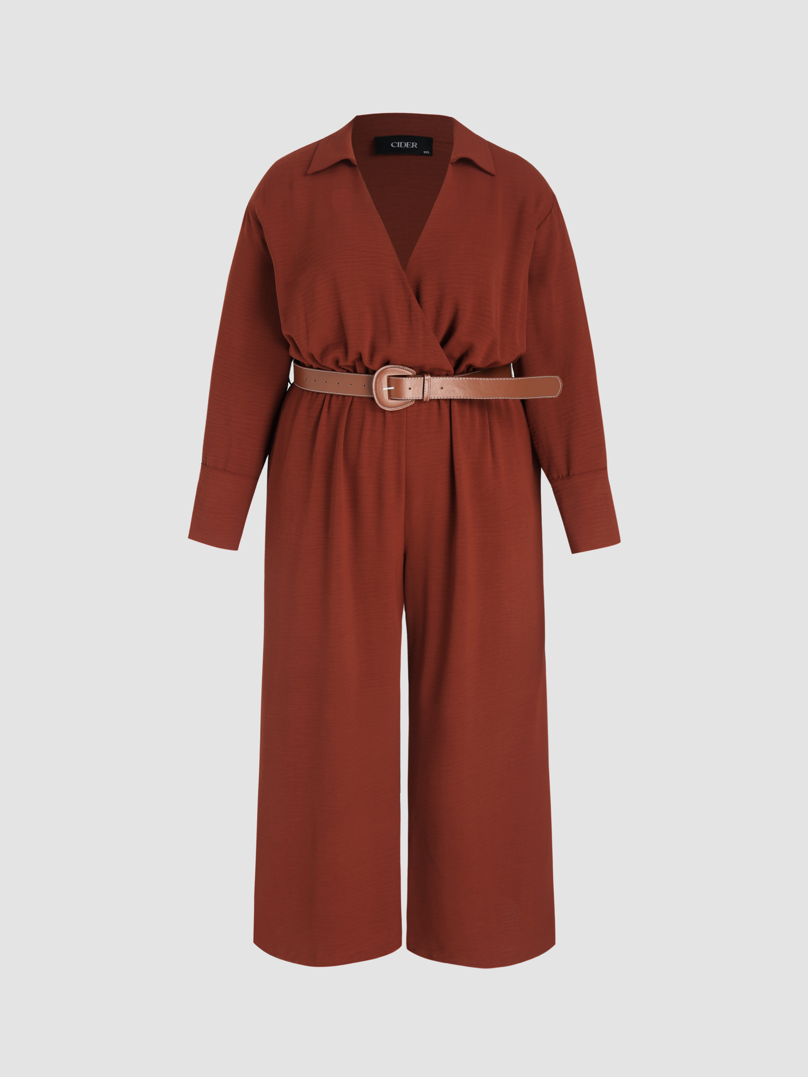 Collar Belted Drawstring Long Sleeve Jumpsuit Curve And Plus Cider 9090