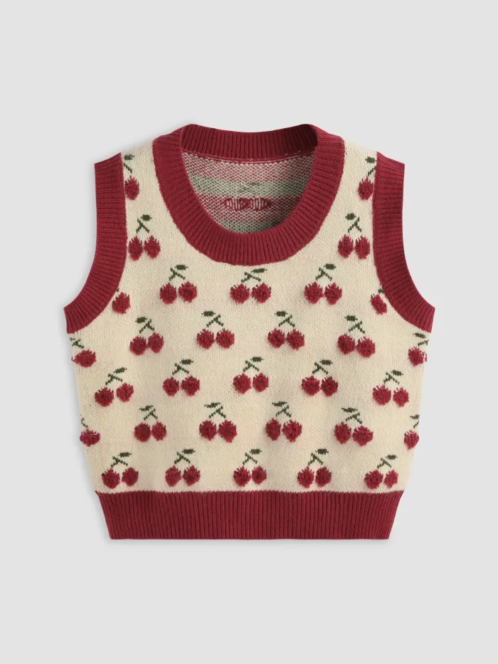 Knit Strawberry Pattern Contrasting Binding Round Neckline Long Sleeve Oversized Top