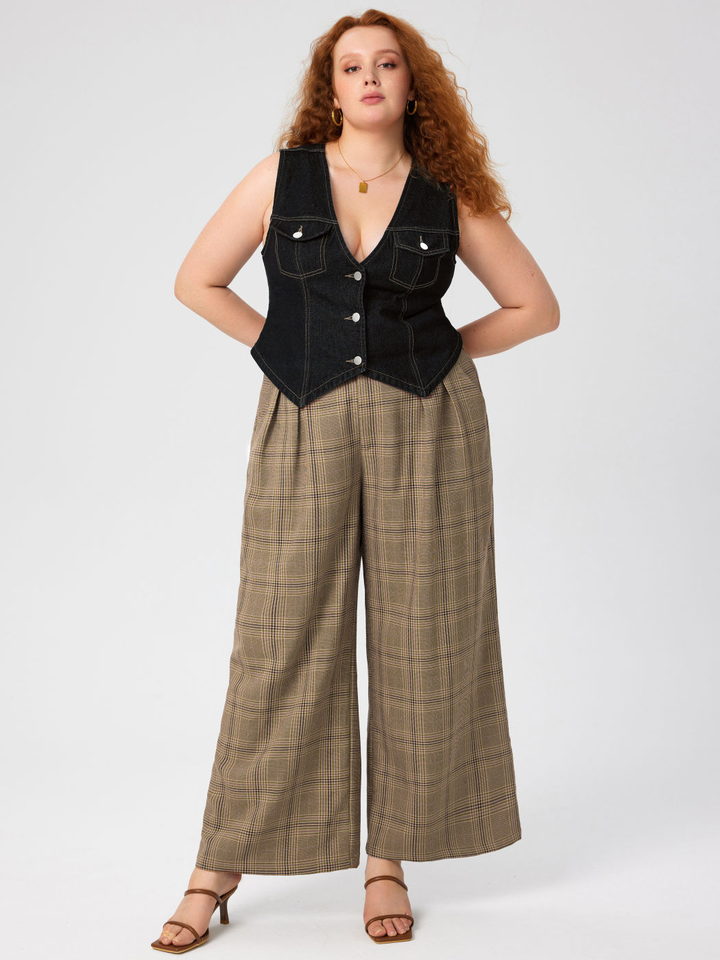 Mid Waist Check Wide Leg Trousers Curve & Plus