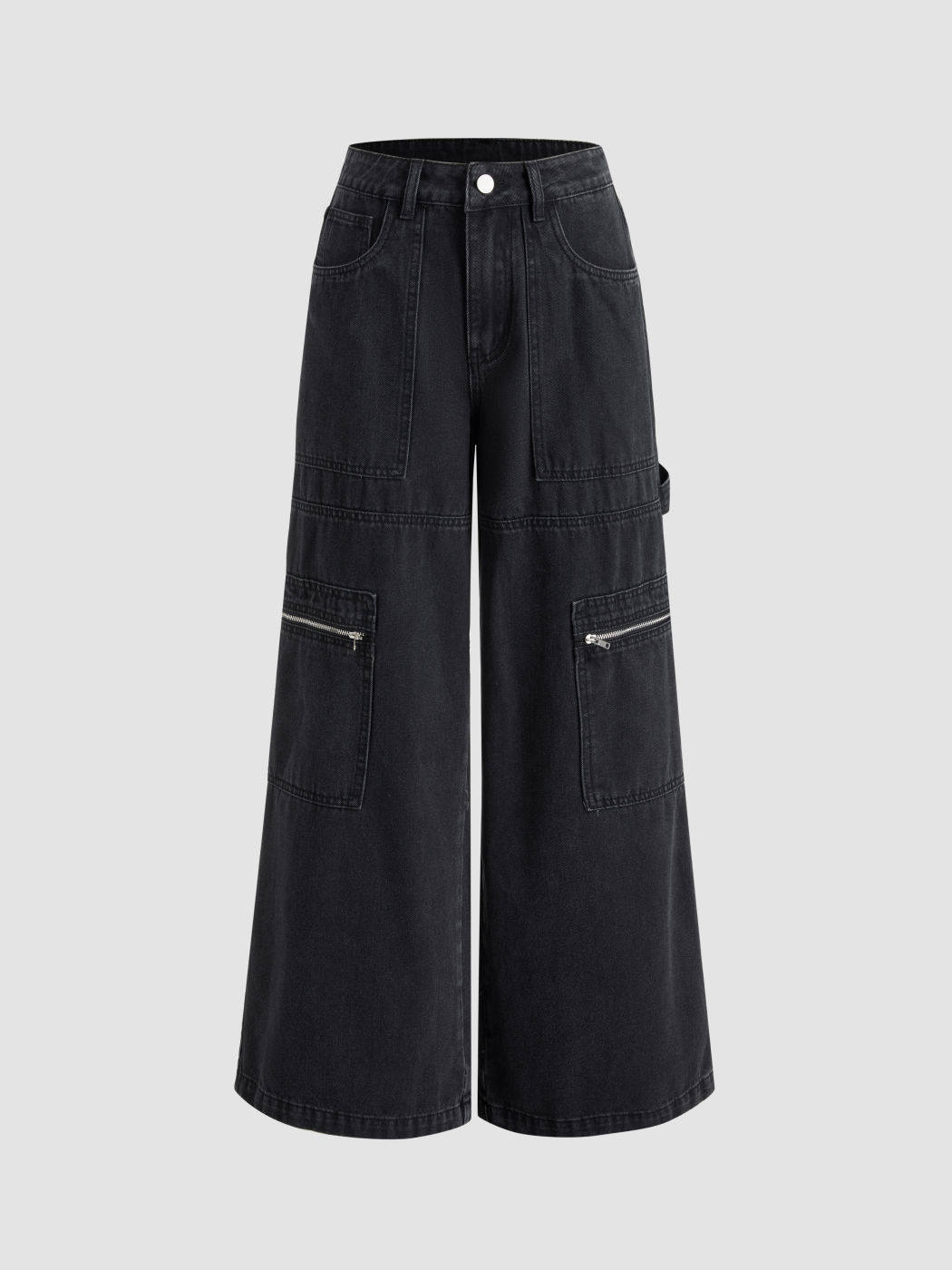 Denim Mid Waist Solid Zipper Pocket Wide Leg Jeans