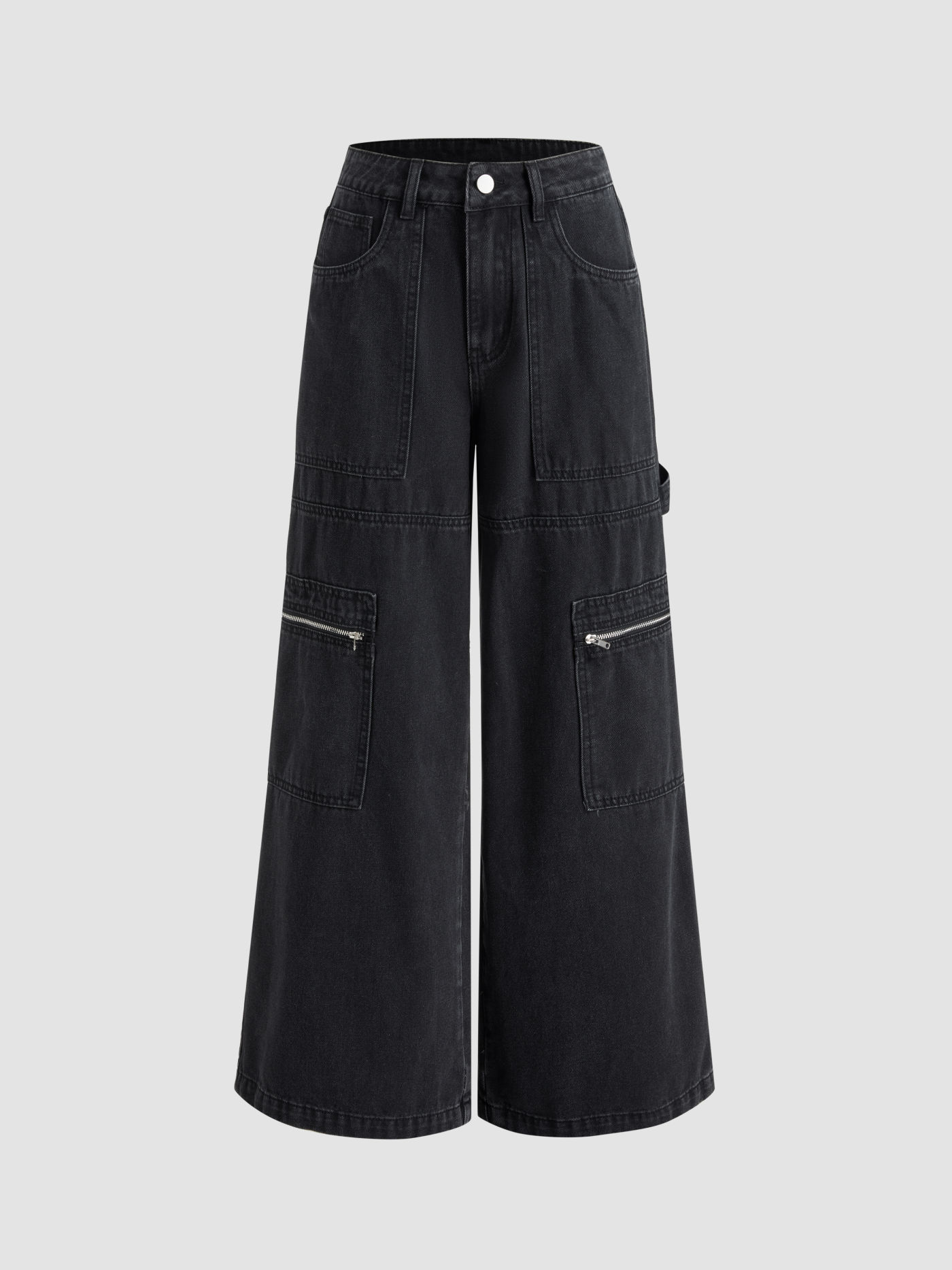 Denim Mid Waist Solid Zipper Pocket Wide Leg Jeans