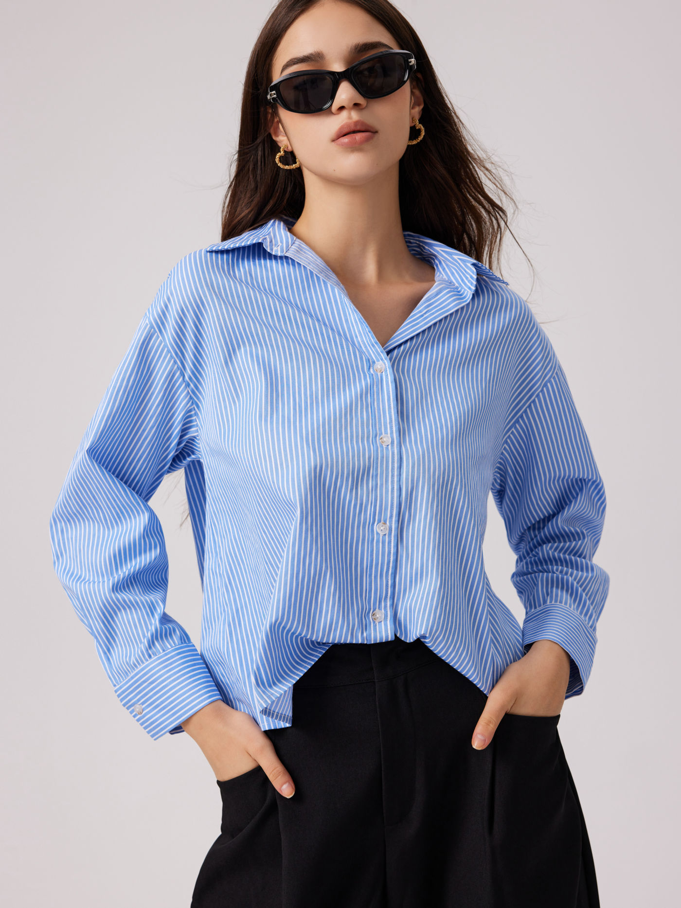 Collar Solid Striped Button Long Sleeve Blouse