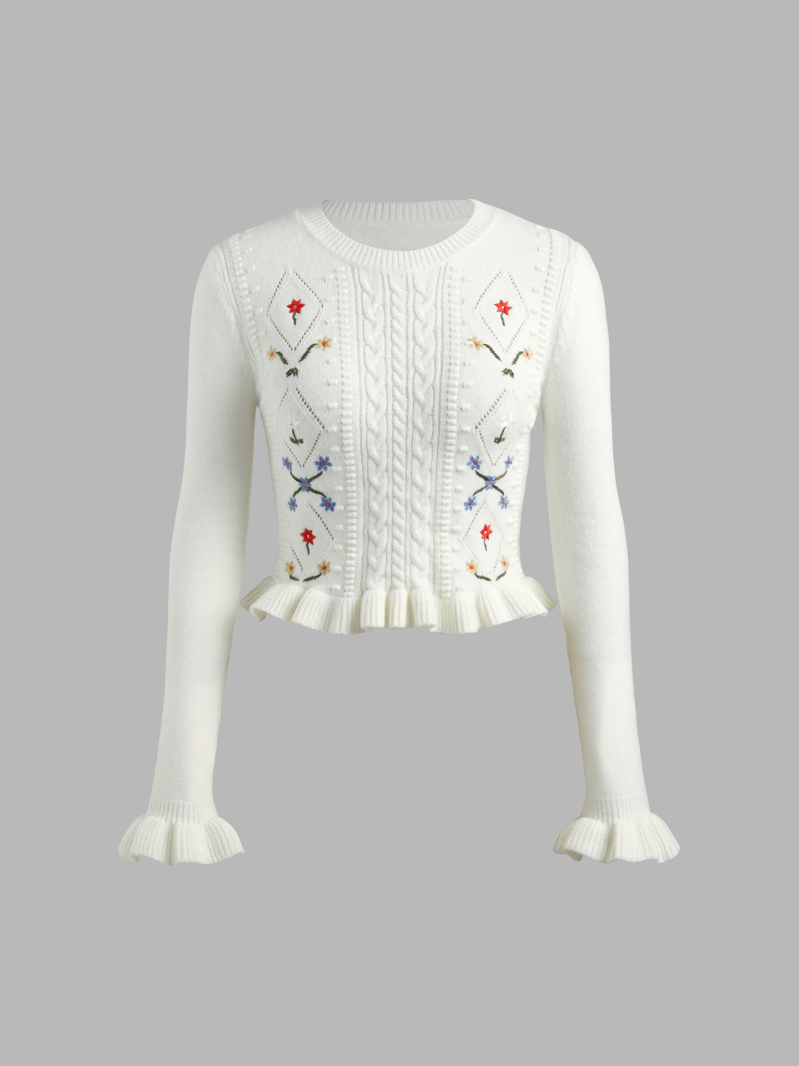 Wool-blend Knit Flower Embroidery Ruffle Trim Long Sleeve Top