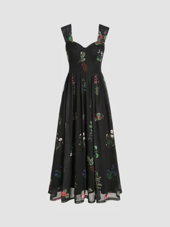  Quadratischer Ausschnitt Blumen Maxikleid
