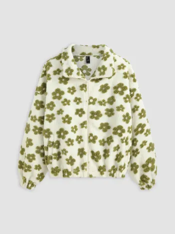 Zip Front Floral Sherpa Fleece Jacke Kurve & Plus