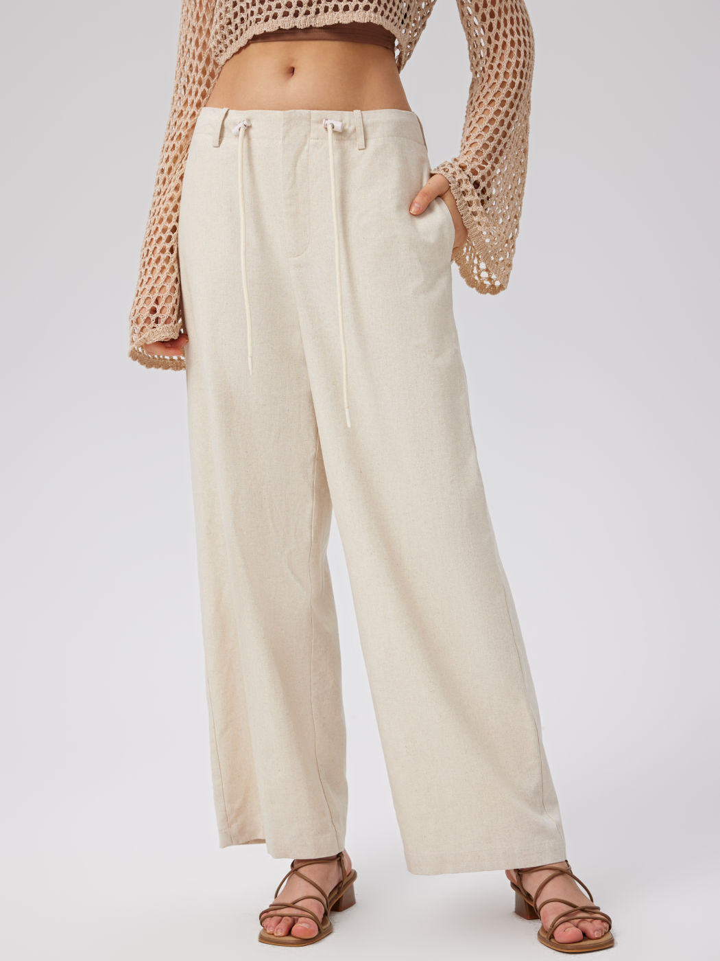  Leinen-Mischung Mittlere Taille Solid Weite Beinhosen
