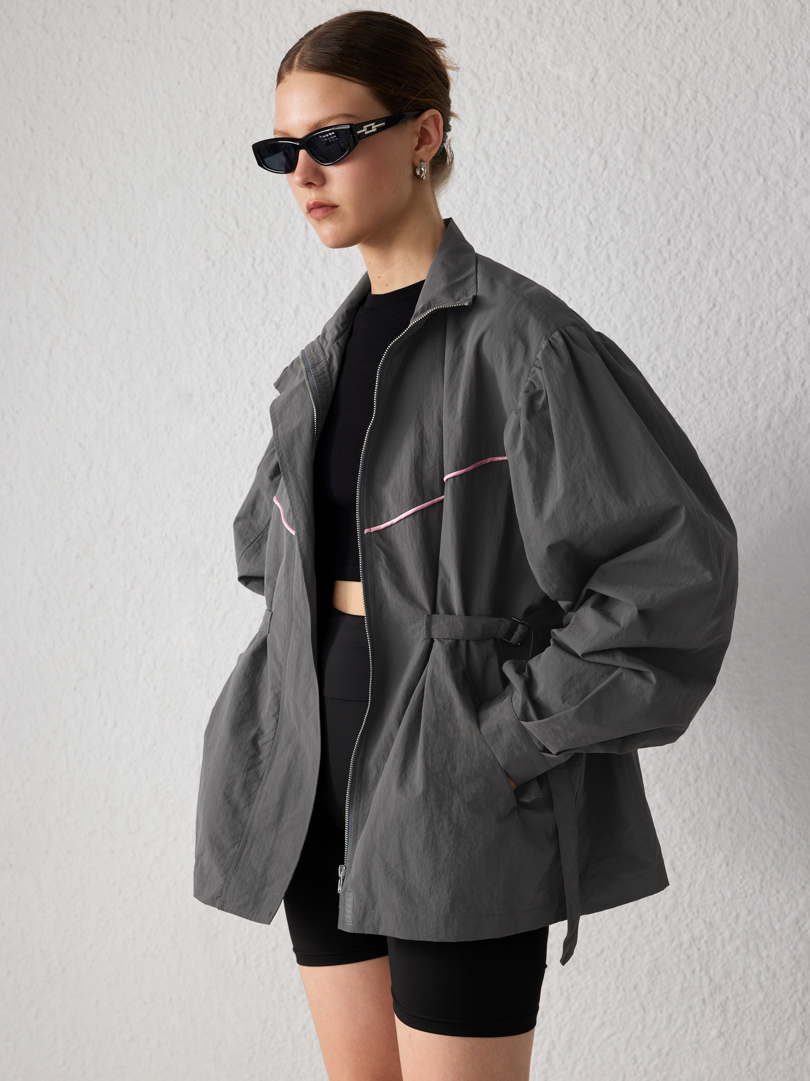 Stand Collar Solid Belted Windbreaker - Cider
