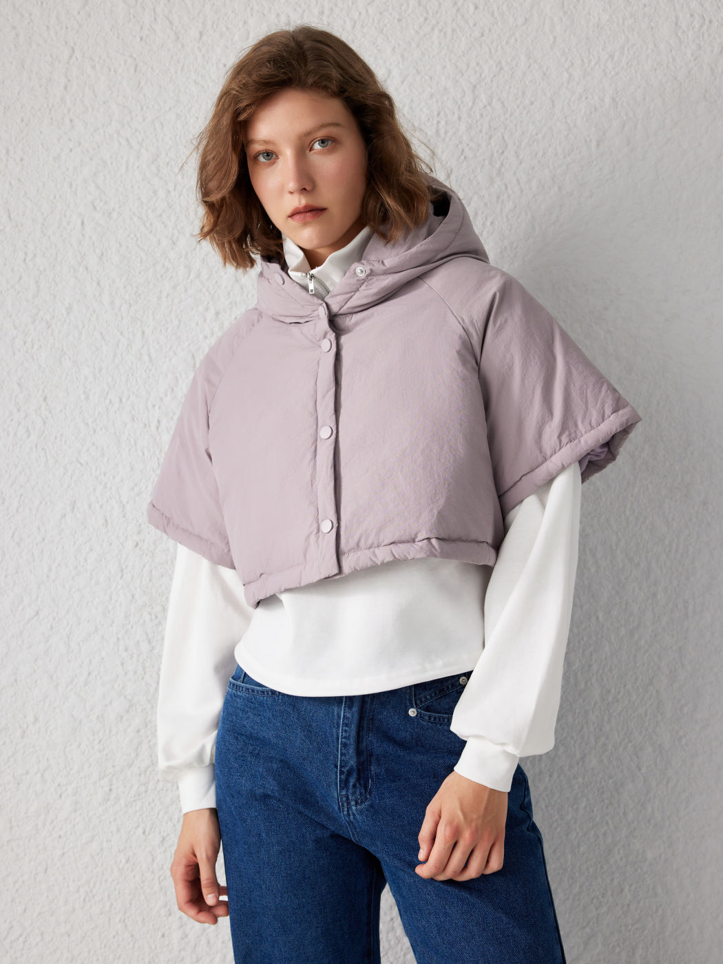 Hooded Solid Button Puffer Crop Jacket