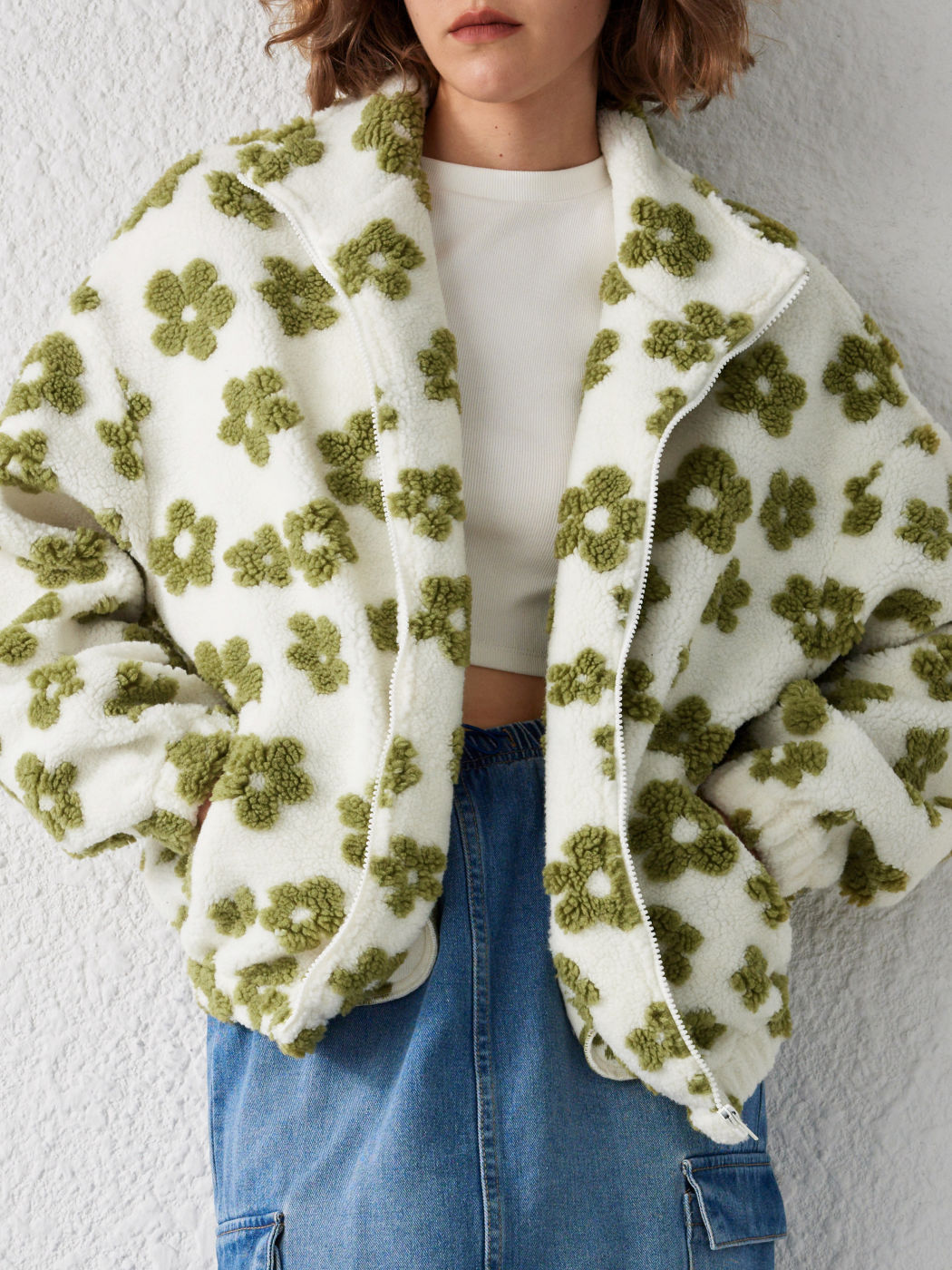 Zip Front Floral Sherpa Fleece Jacket