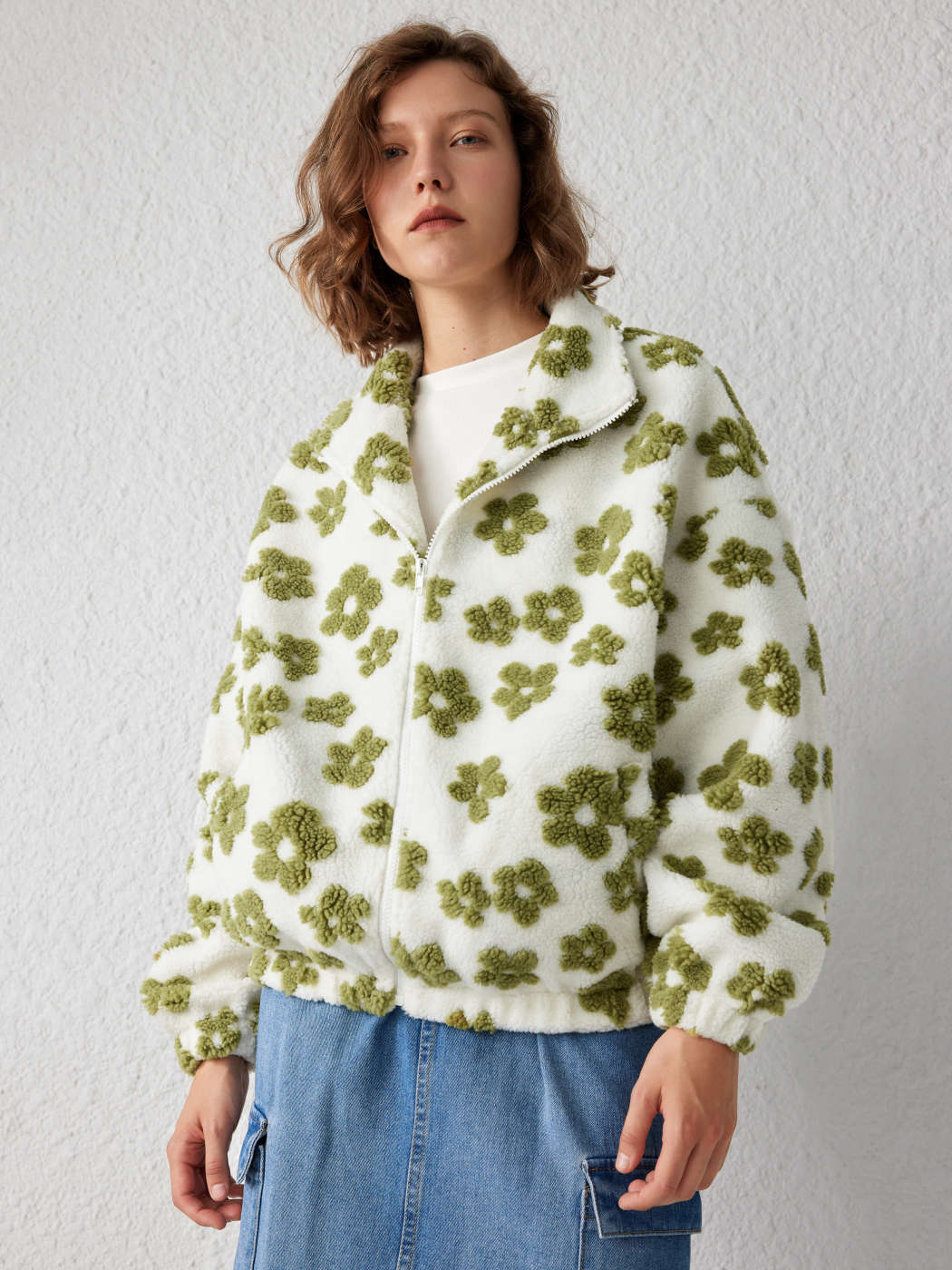 Fleece Zip Front Floral Sherpa Fleece Jacket For Daily Casual - Main Image