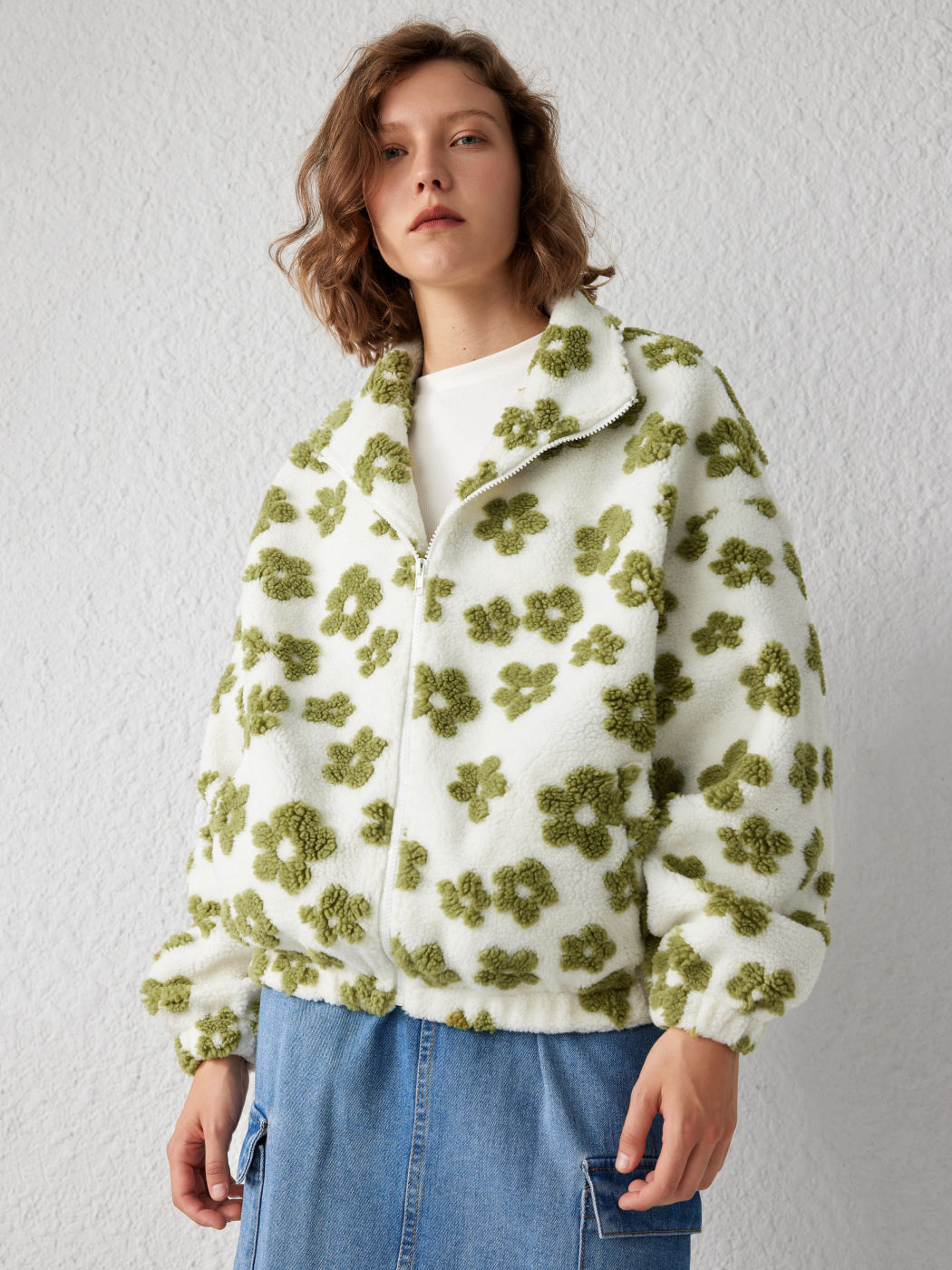 Zip Front Floral Sherpa Fleece Jacket