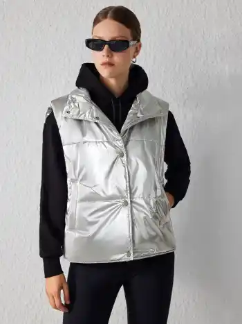  Metallic Stehkragen Puffer Weste