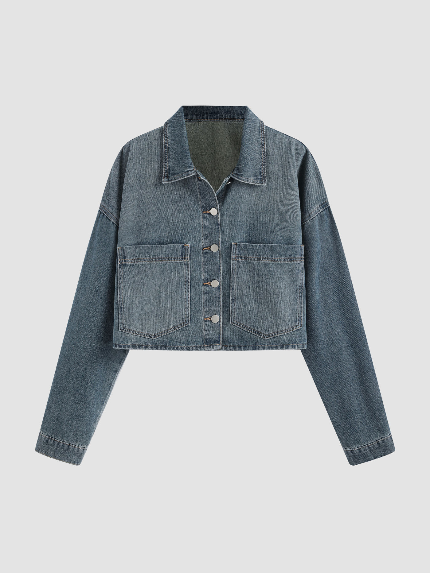 Denim Collar Solid Button Crop Jacket