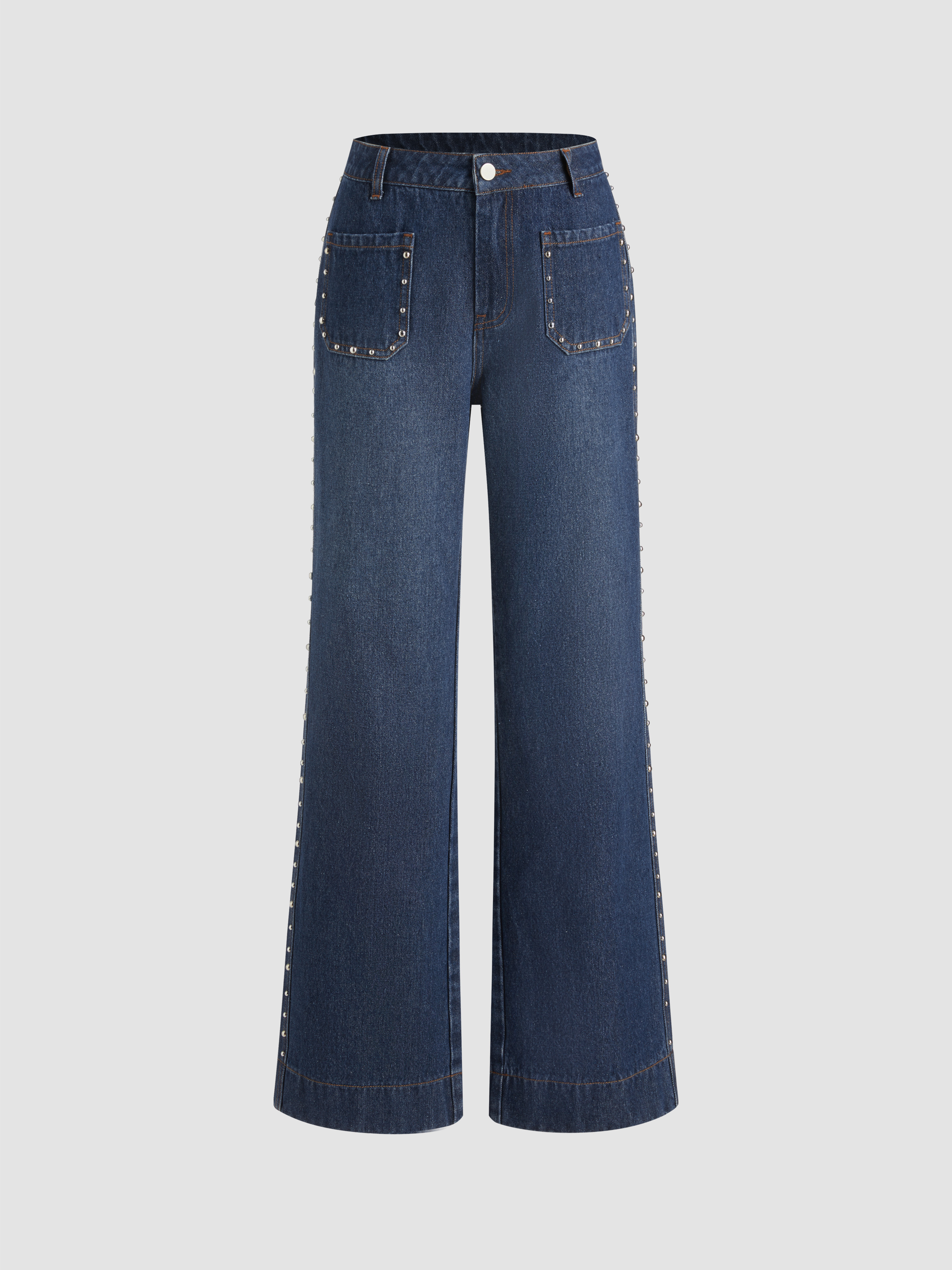 【AAKE】RIVET WIDE DENIM Denim Denim Low Waist Rivet Wide Leg Jeans For School Daily