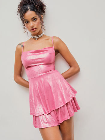 Cowl Neck Metallic Ruffle Romper