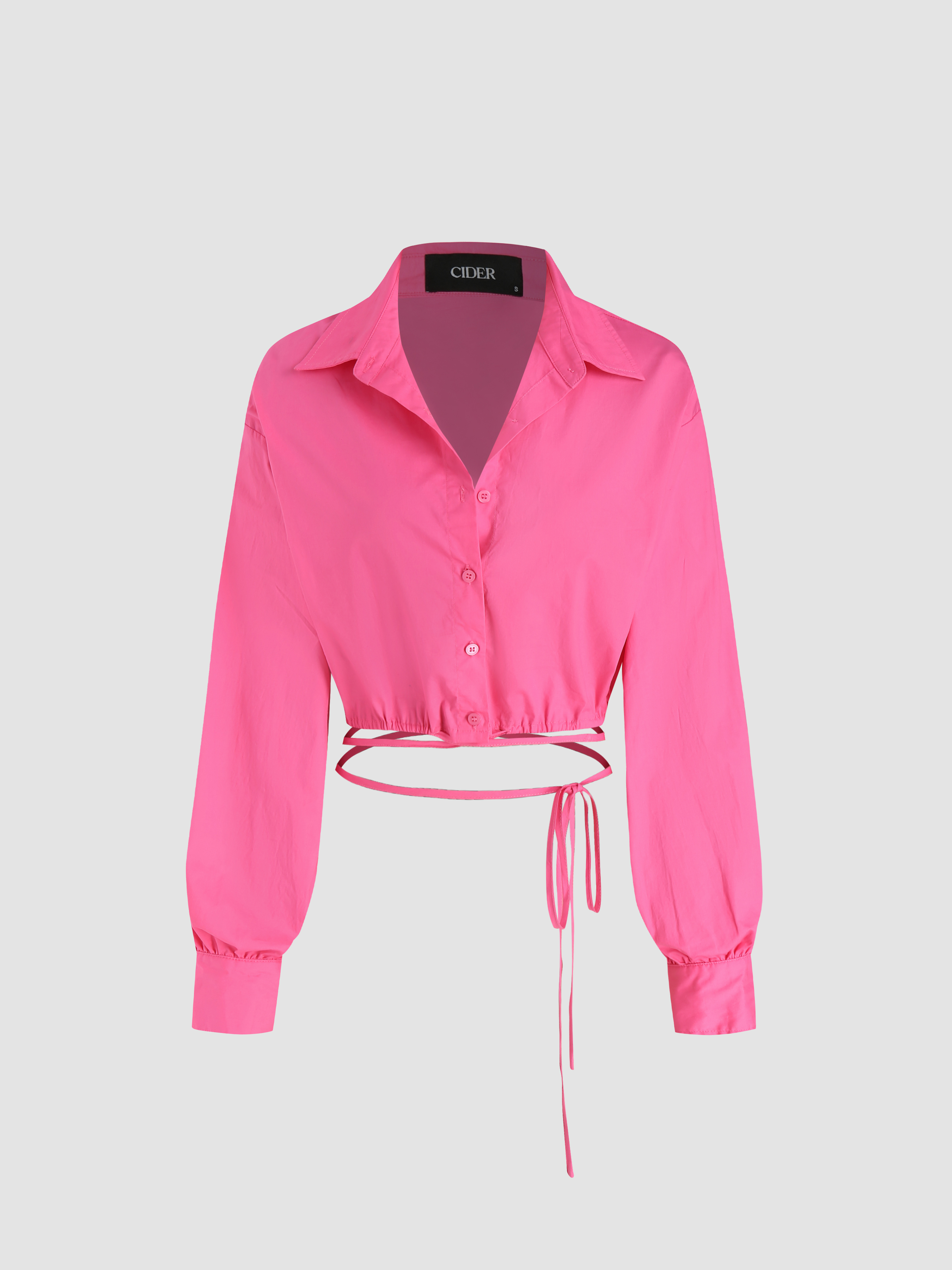 Collar Solid Drawstring Long Sleeve Blouse Cider