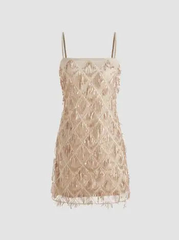 Sequins Square Neck Geometric Tassel Mini Dress