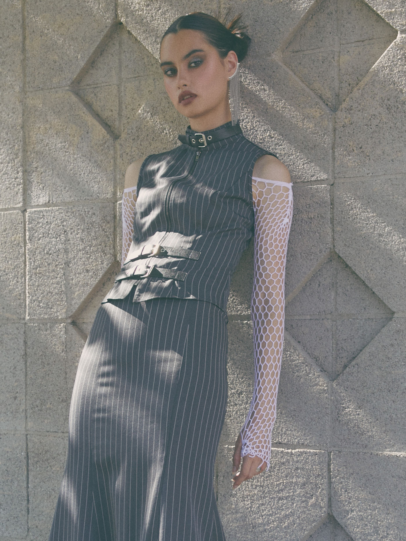 Stand Collar Striped Belted Vest