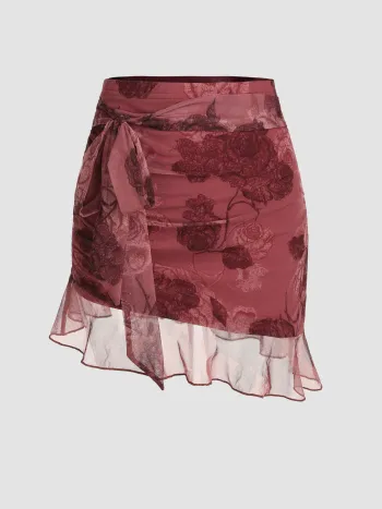 Chiffon Hochbund Blumen-Knoten-Miniskirt