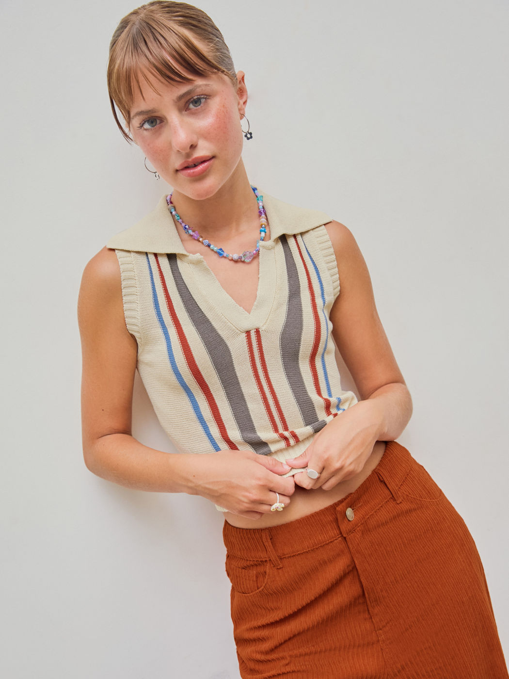Collar Striped Knitted Crop Top