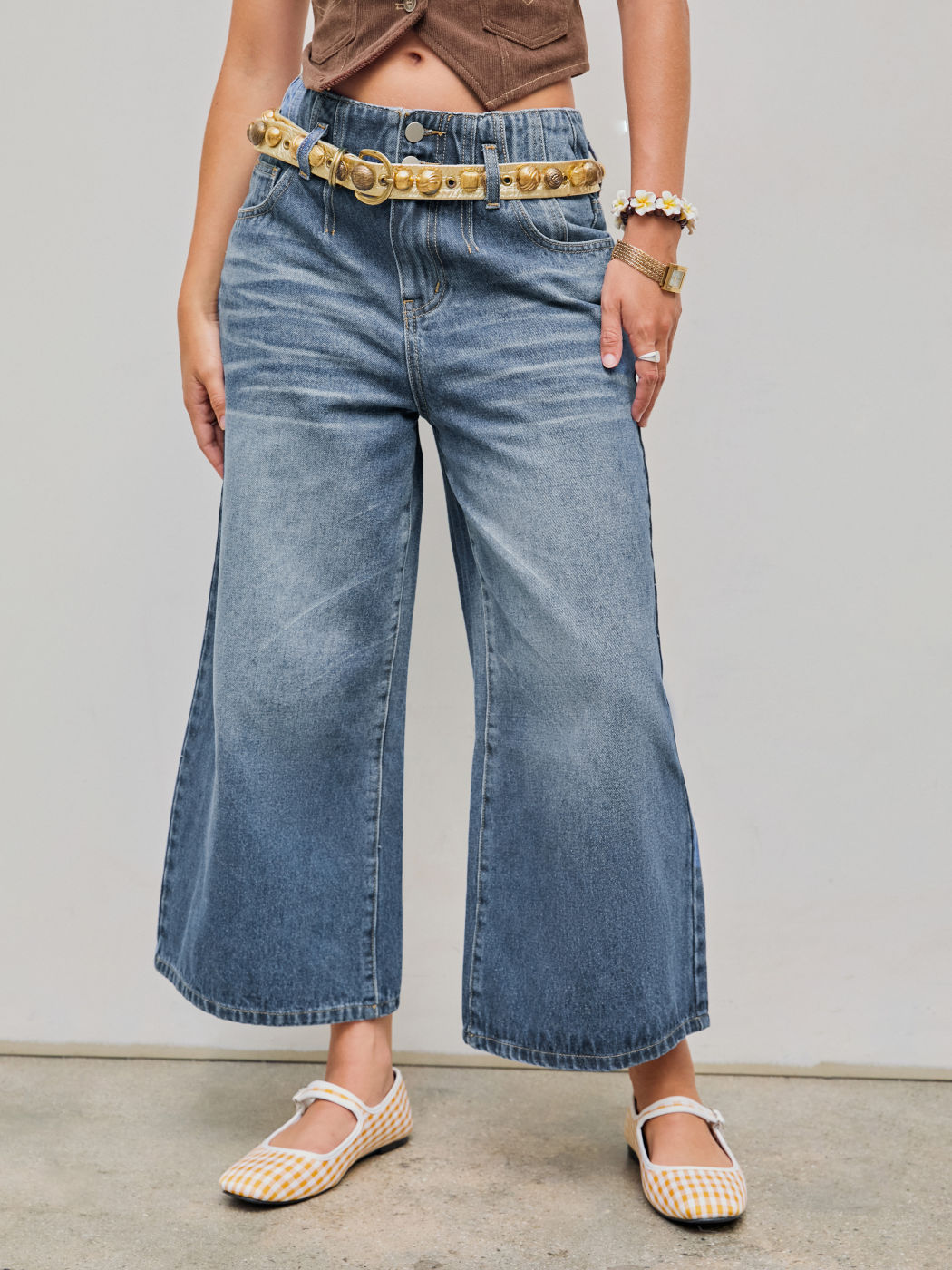 High Rise Washed Button Cropped Wide Leg Jeans