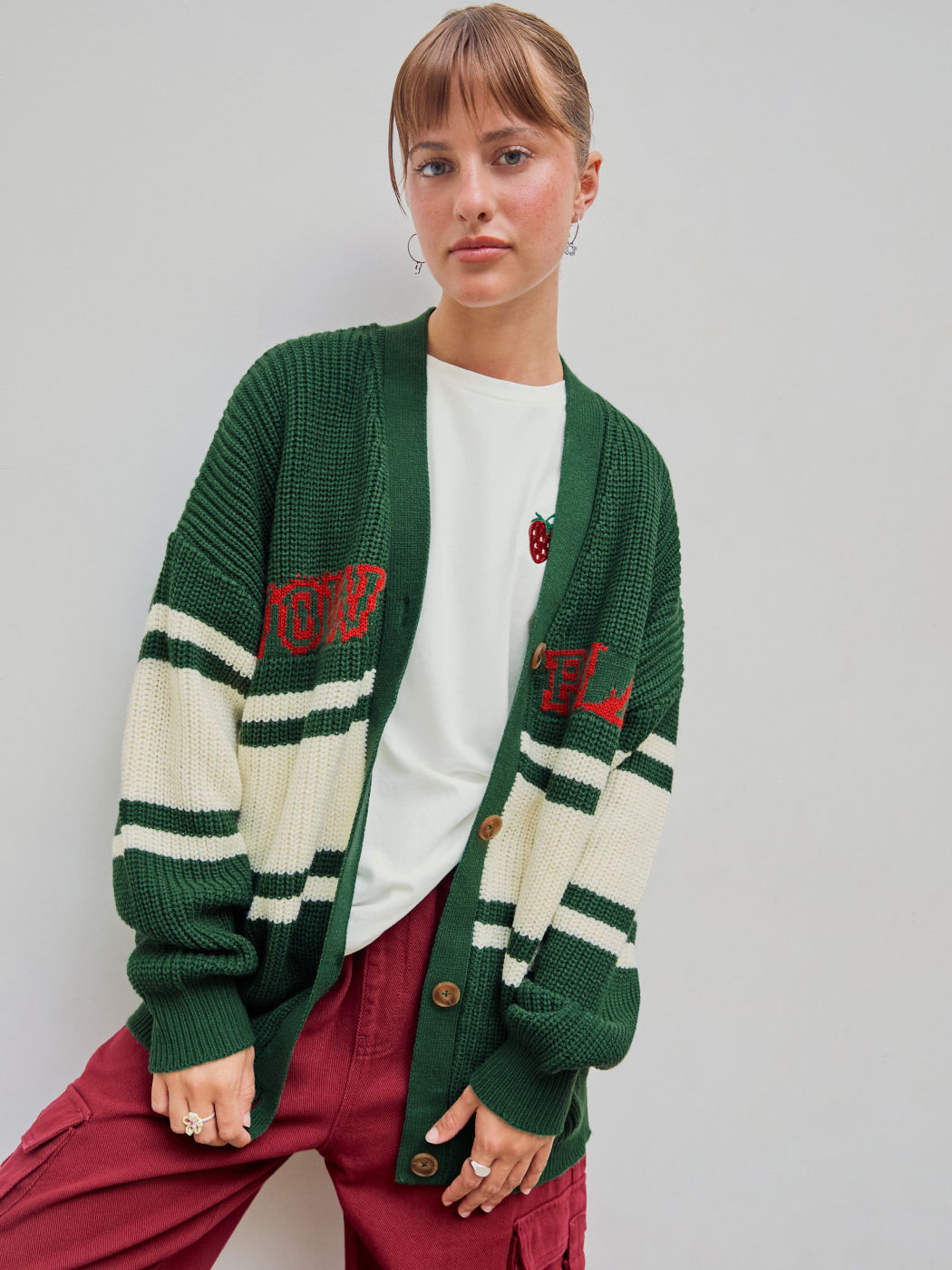  Gestrickter V-Ausschnitt Streifen Grafik Knopf Strickjacke