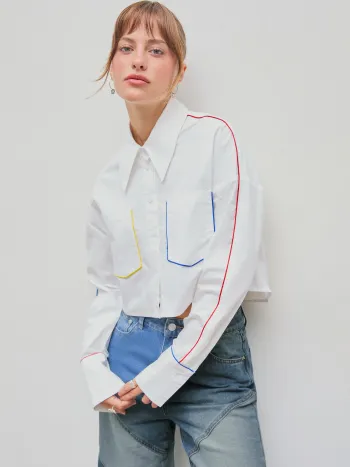 Col Chemise Unie à Manches Longues avec Poche