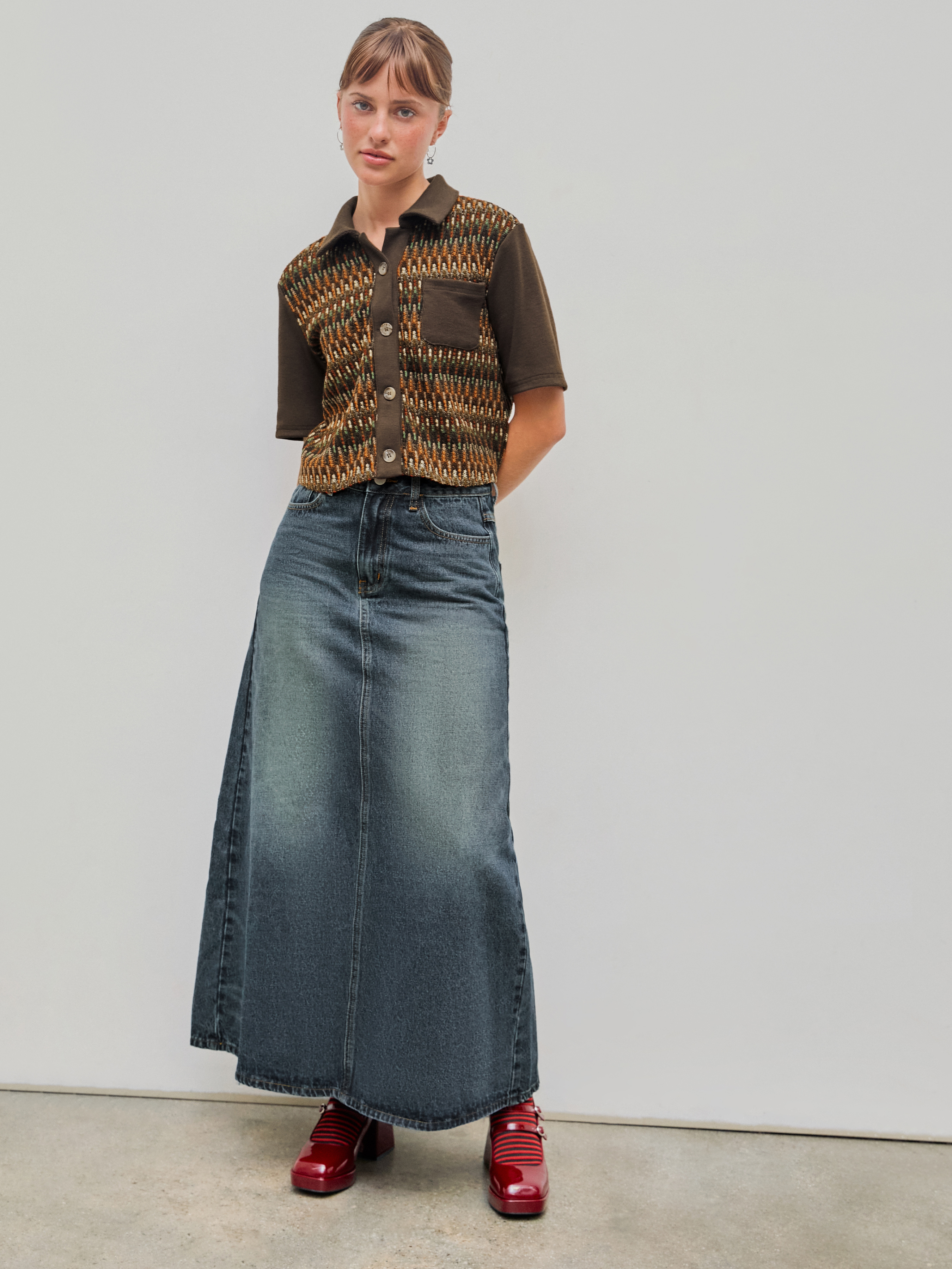 Denim Mid Waist Solid Pocket Maxi Skirt