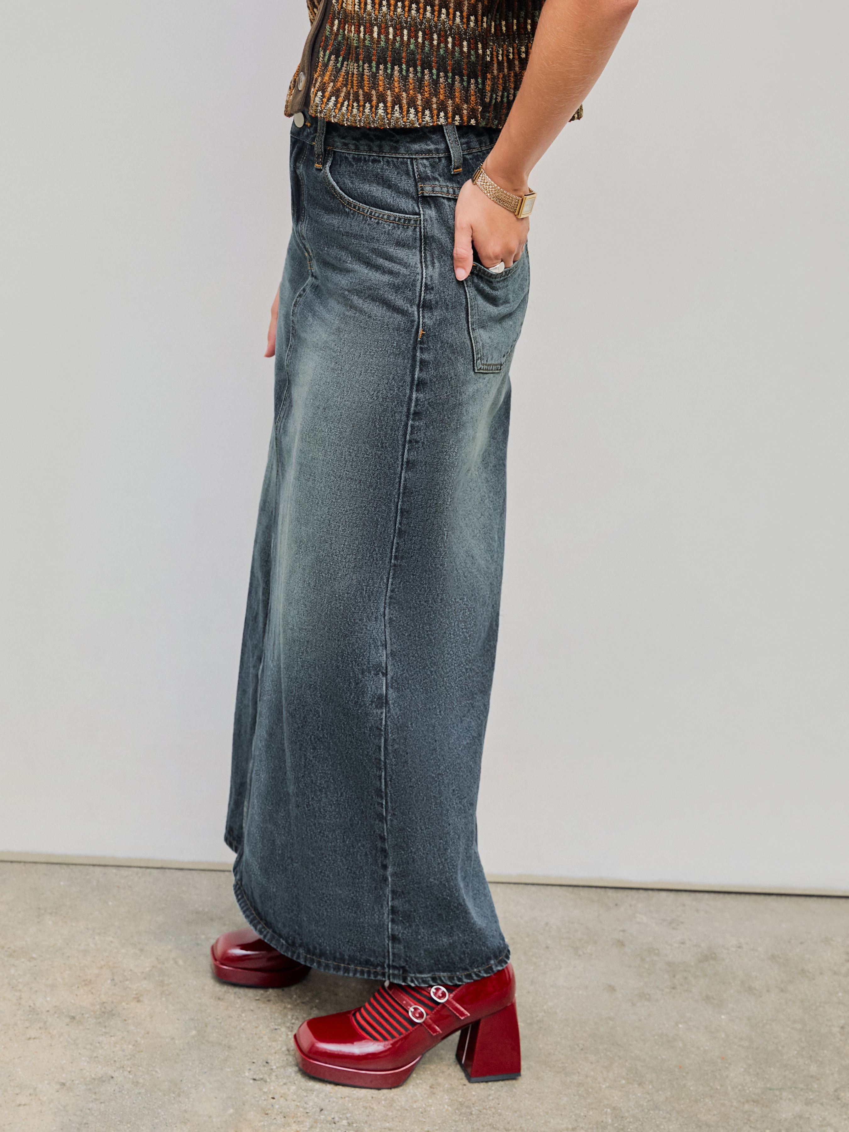 Denim Mid Waist Solid Pocket Maxi Skirt