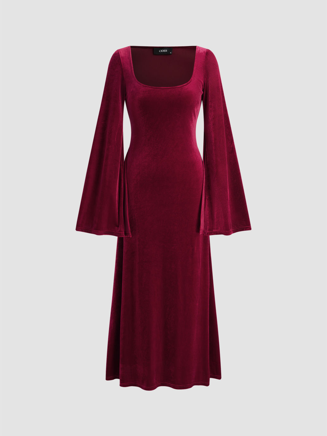 Velvet Square Neck Solid Maxi Bell Sleeve Dress