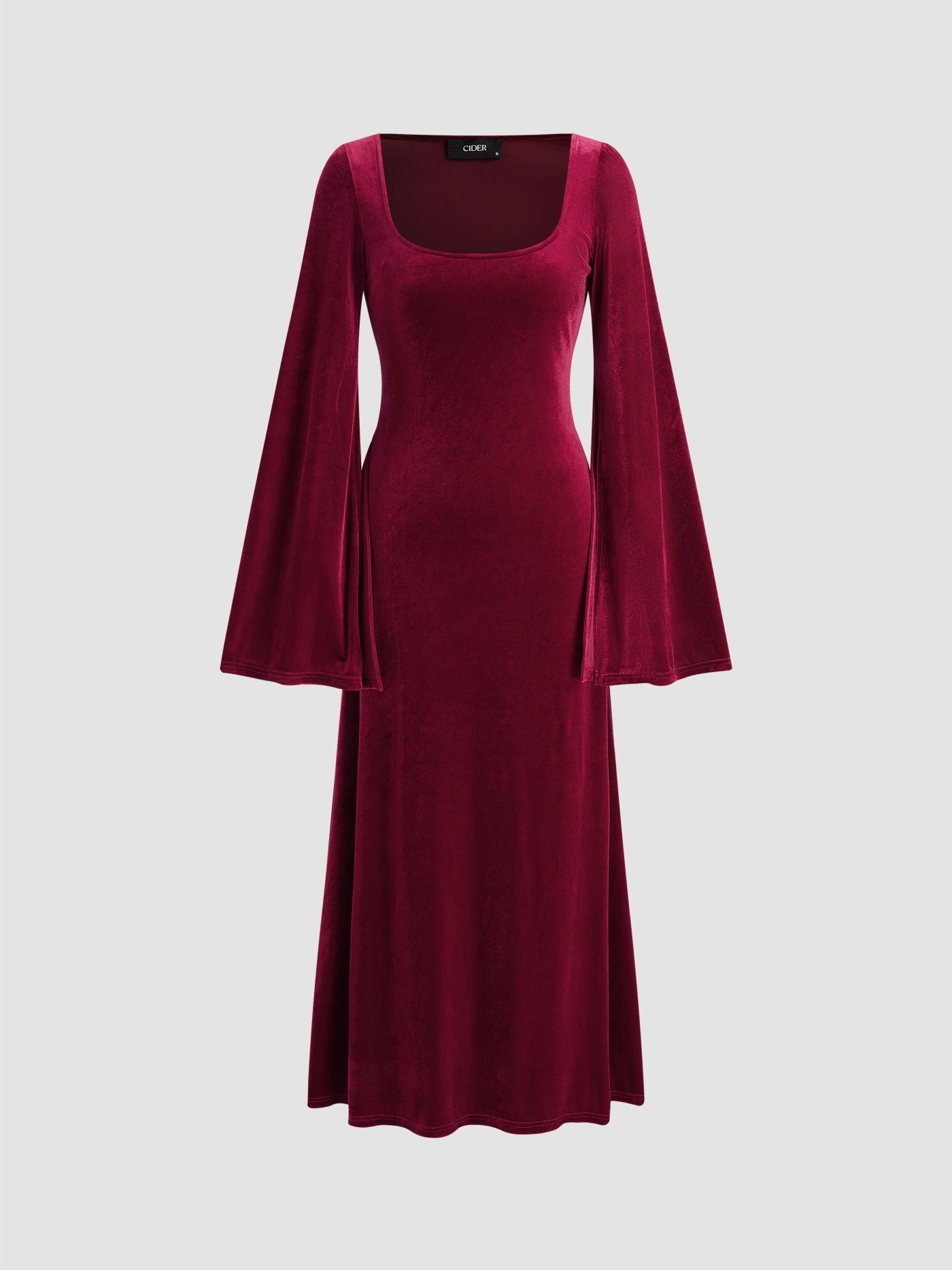 Velvet Square Neck Solid Maxi Bell Sleeve Dress