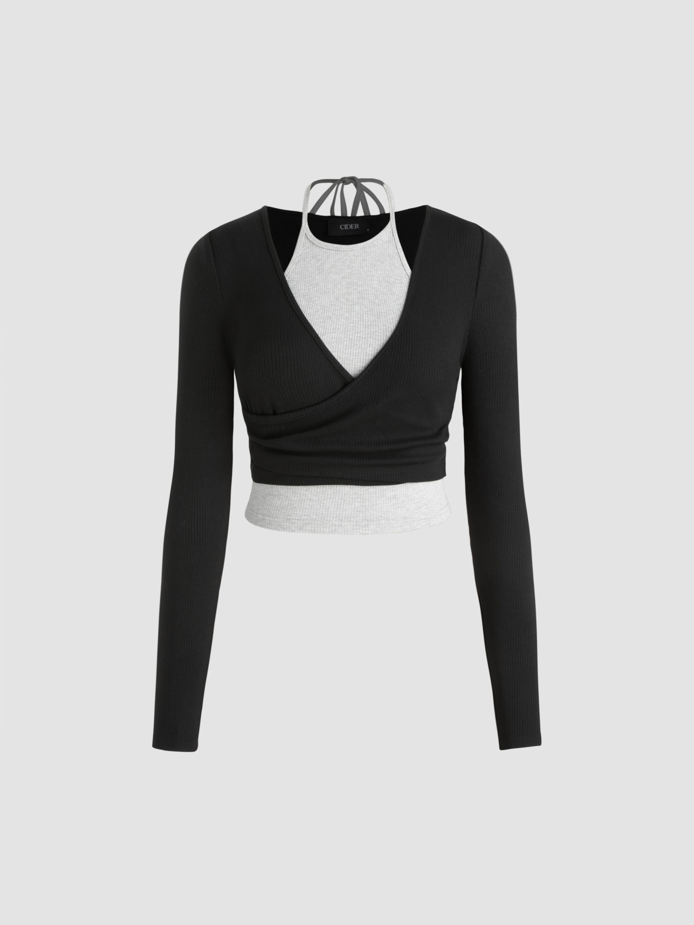 Halter Neckline Solid Drawstring Long Sleeve Top