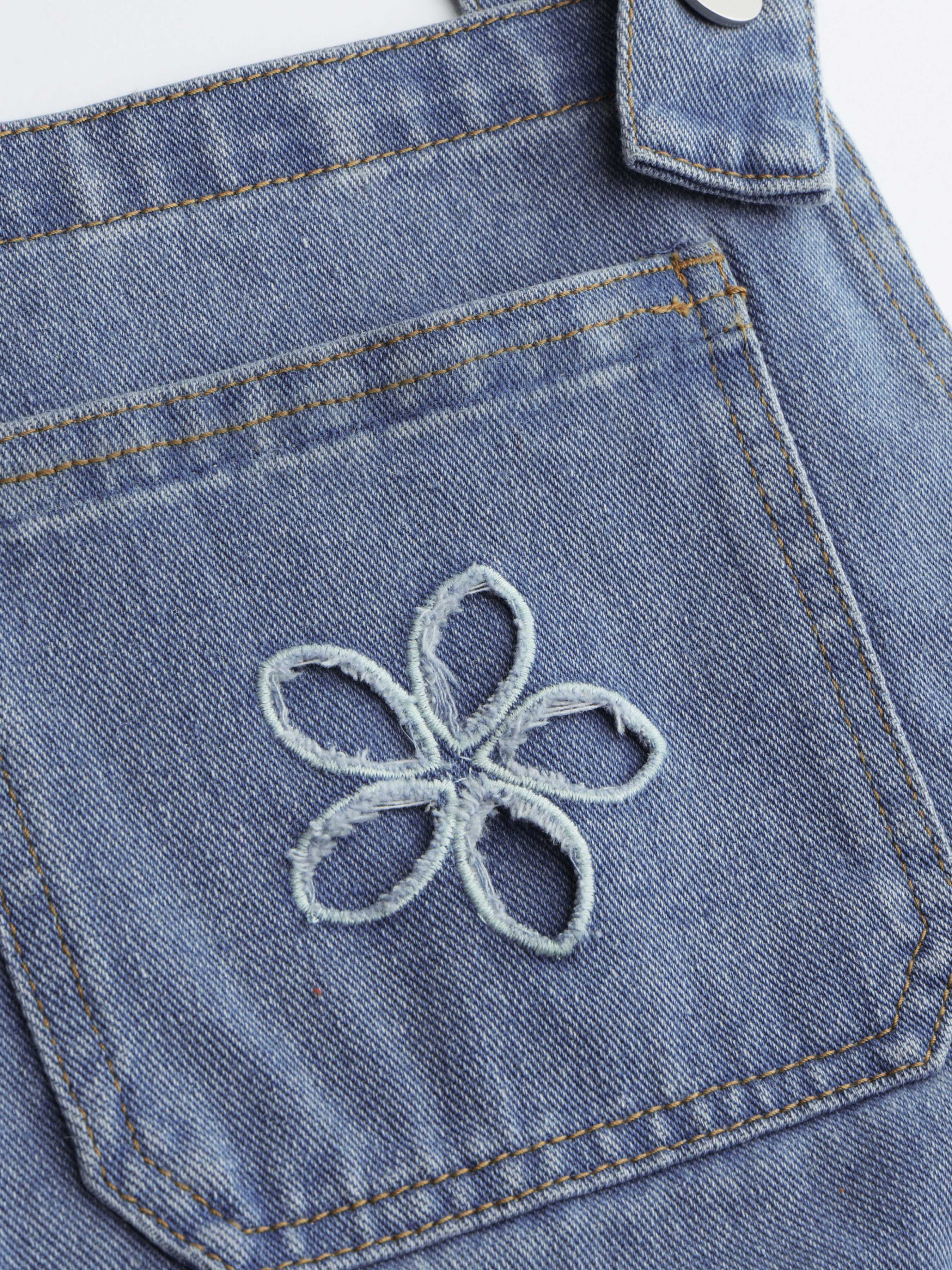 Denim Floral Embroidery Jumpsuit For School Daily Casual