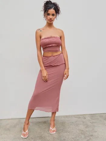 Ensemble Solid Lace Crop Tube Top & Jupe Sirène Asymétrique Maxi