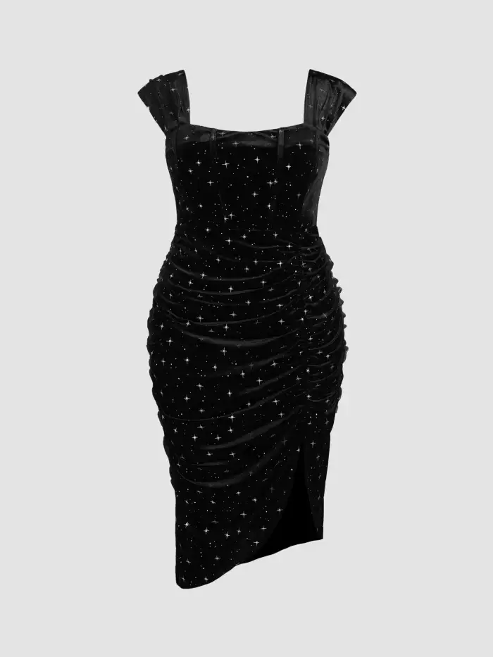 Velvet Velvet Square Neck Star Pattern Ruched Midi Dress Curve