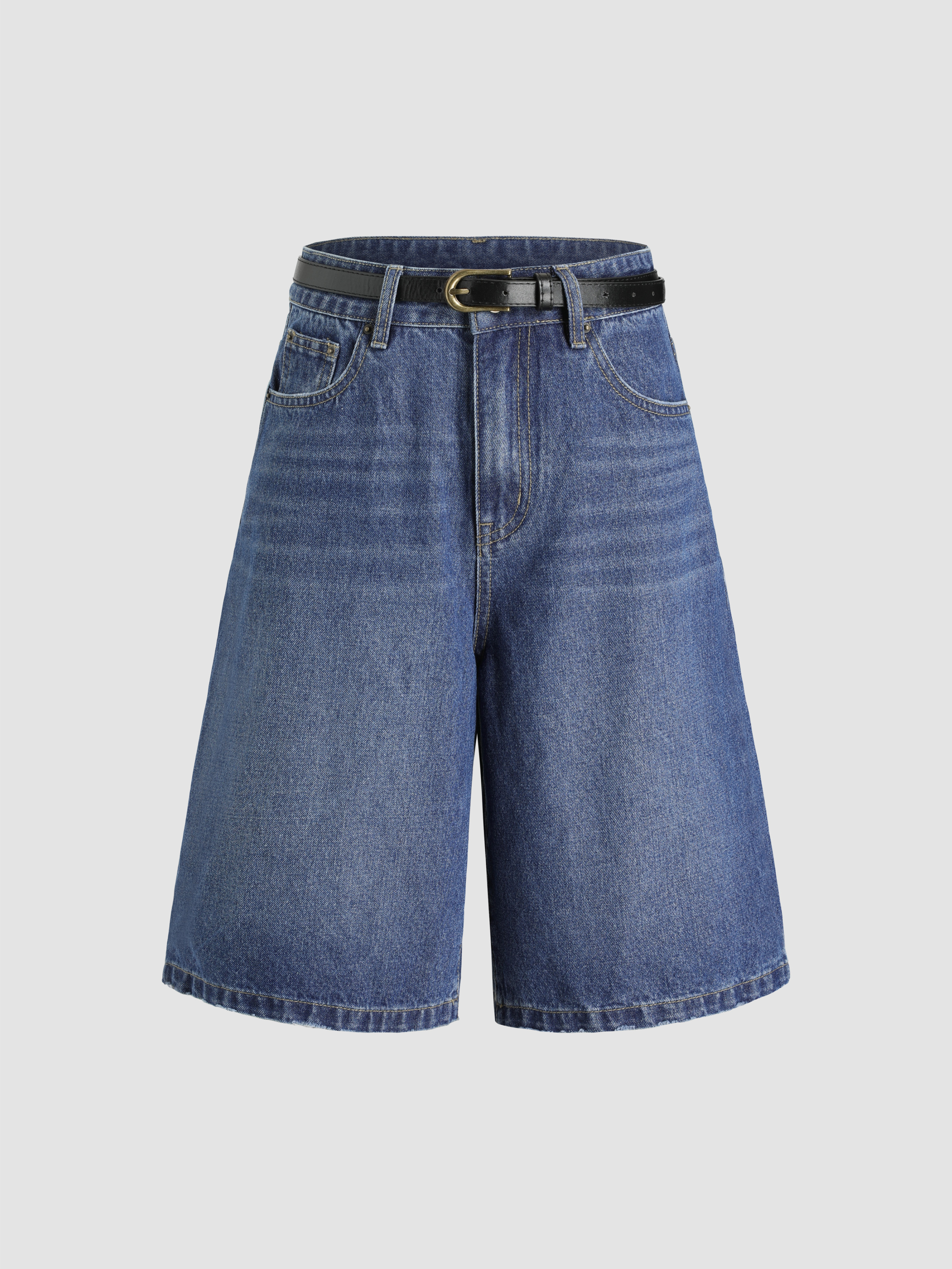 High Waist Pocket Denim Bermuda Shorts With Belt For School