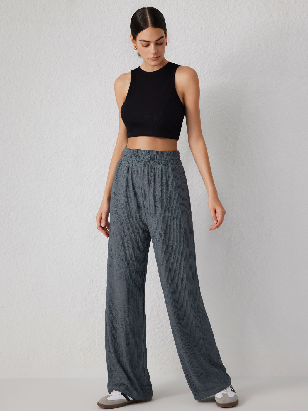 Mid Waist Solid Texture Wide Leg Trousers