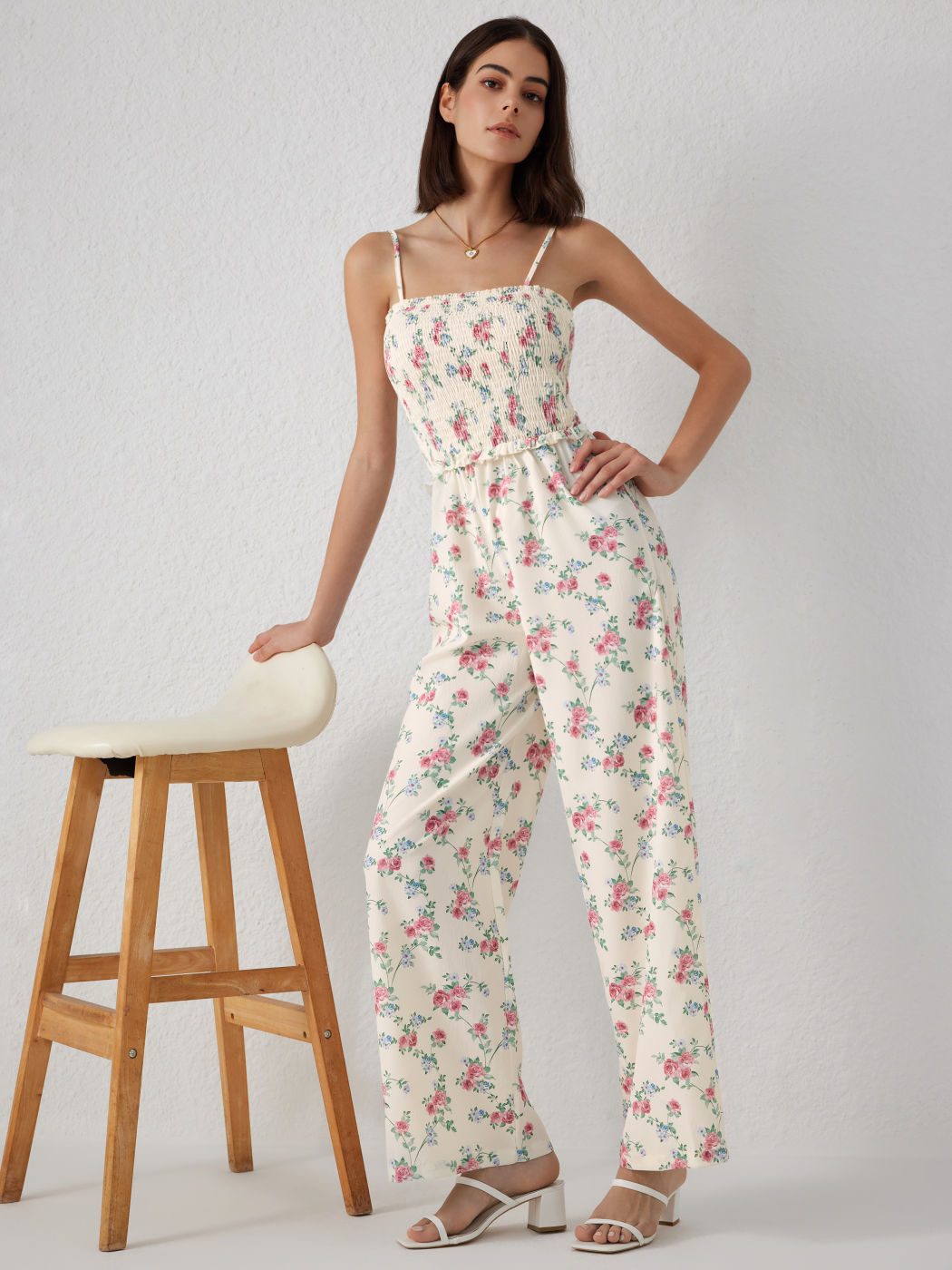 Floral Smocked Square Neck Jumpsuit with Pockets