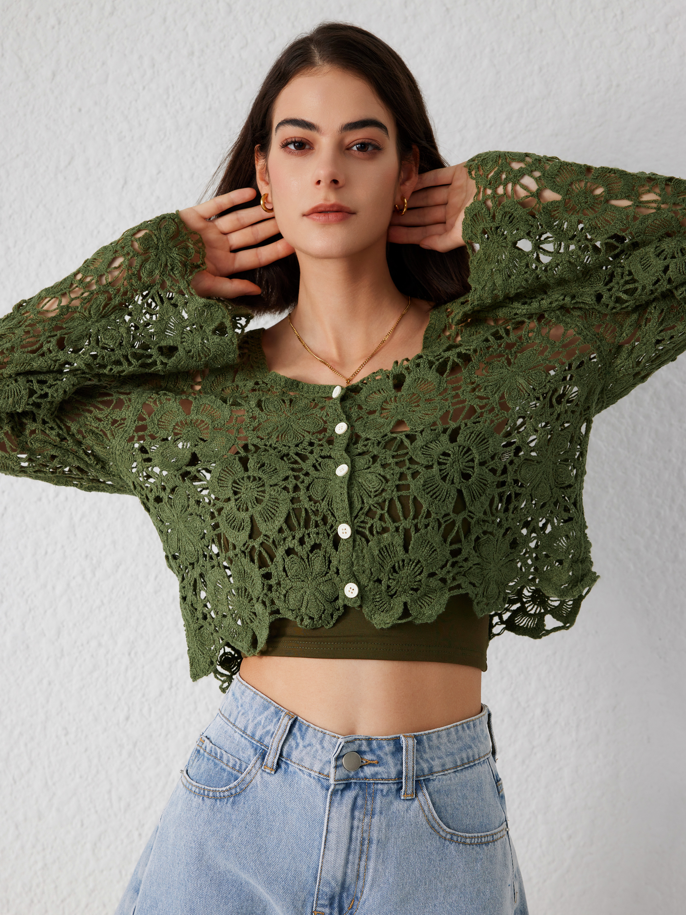 Knit Fabric Lace See-through Lace Long Sleeve Tee & Halter