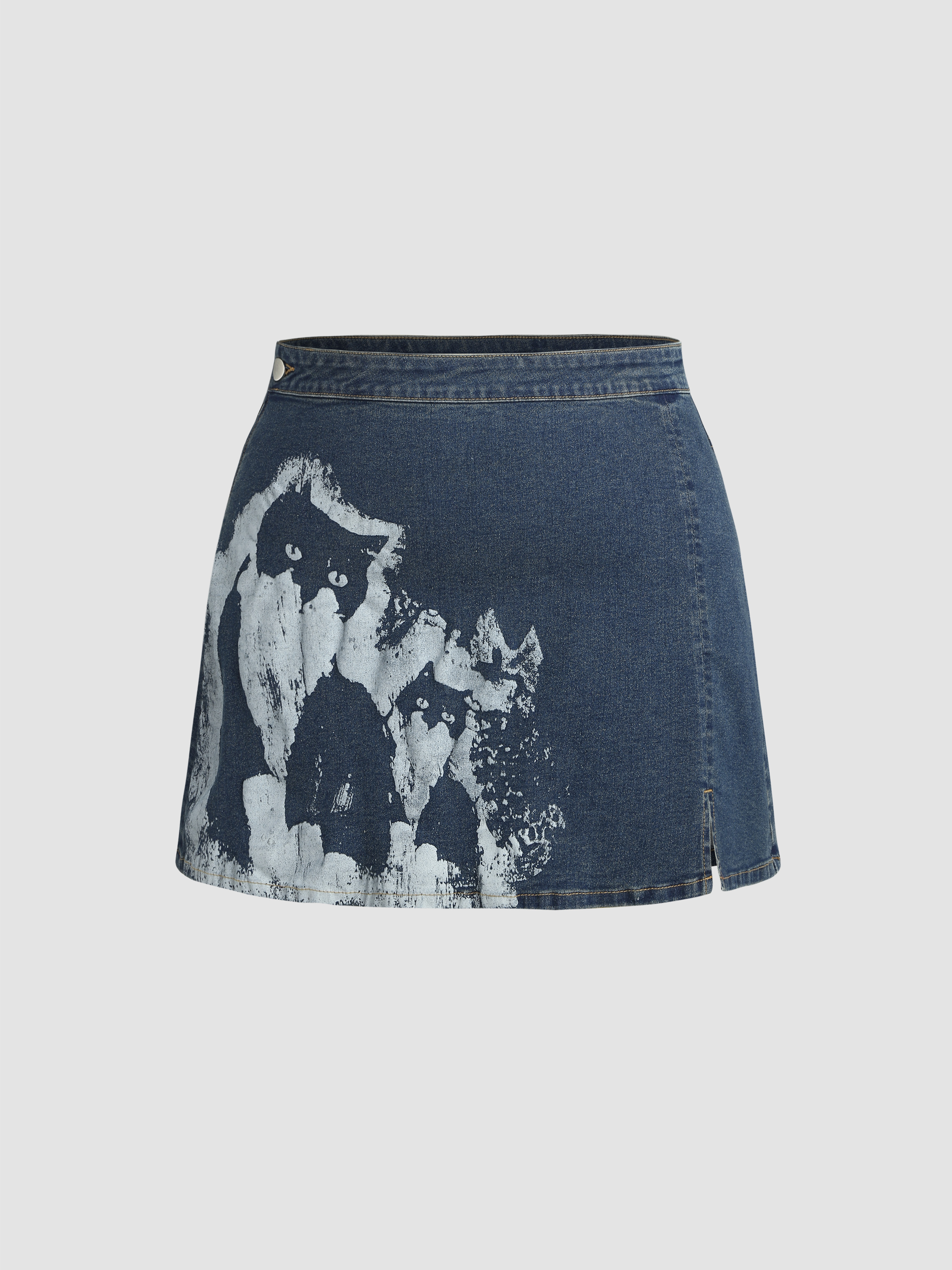【in a row】Cat Brush Denim Skirt Jean Skirt Middle Waist Cat Pattern Slit Denim Mini Skirt