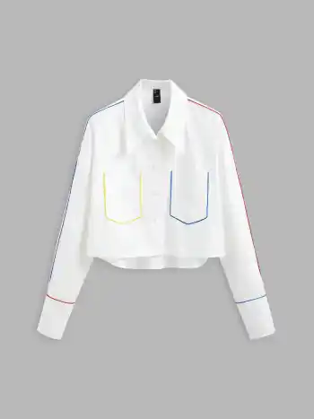 Col Chemise Unie à Manches Longues avec Poche