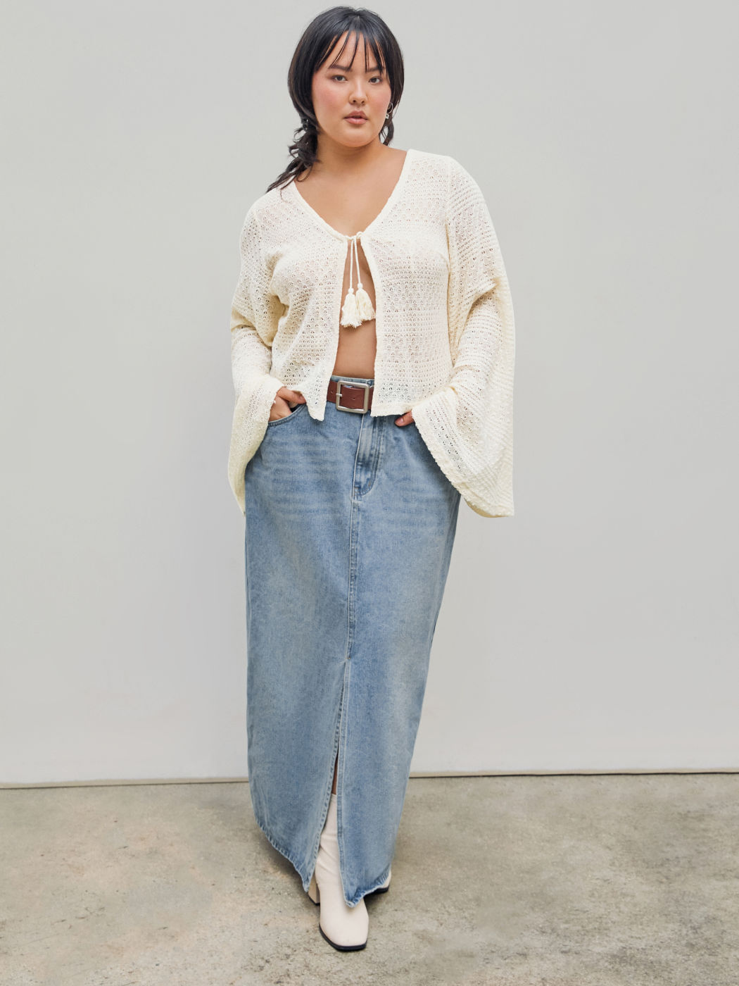 Split Denim Maxi Skirt With Belt Curve & Plus