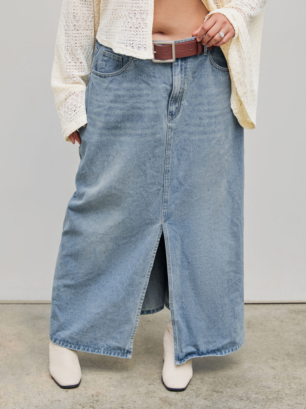 Split Denim Maxi Skirt With Belt Curve & Plus