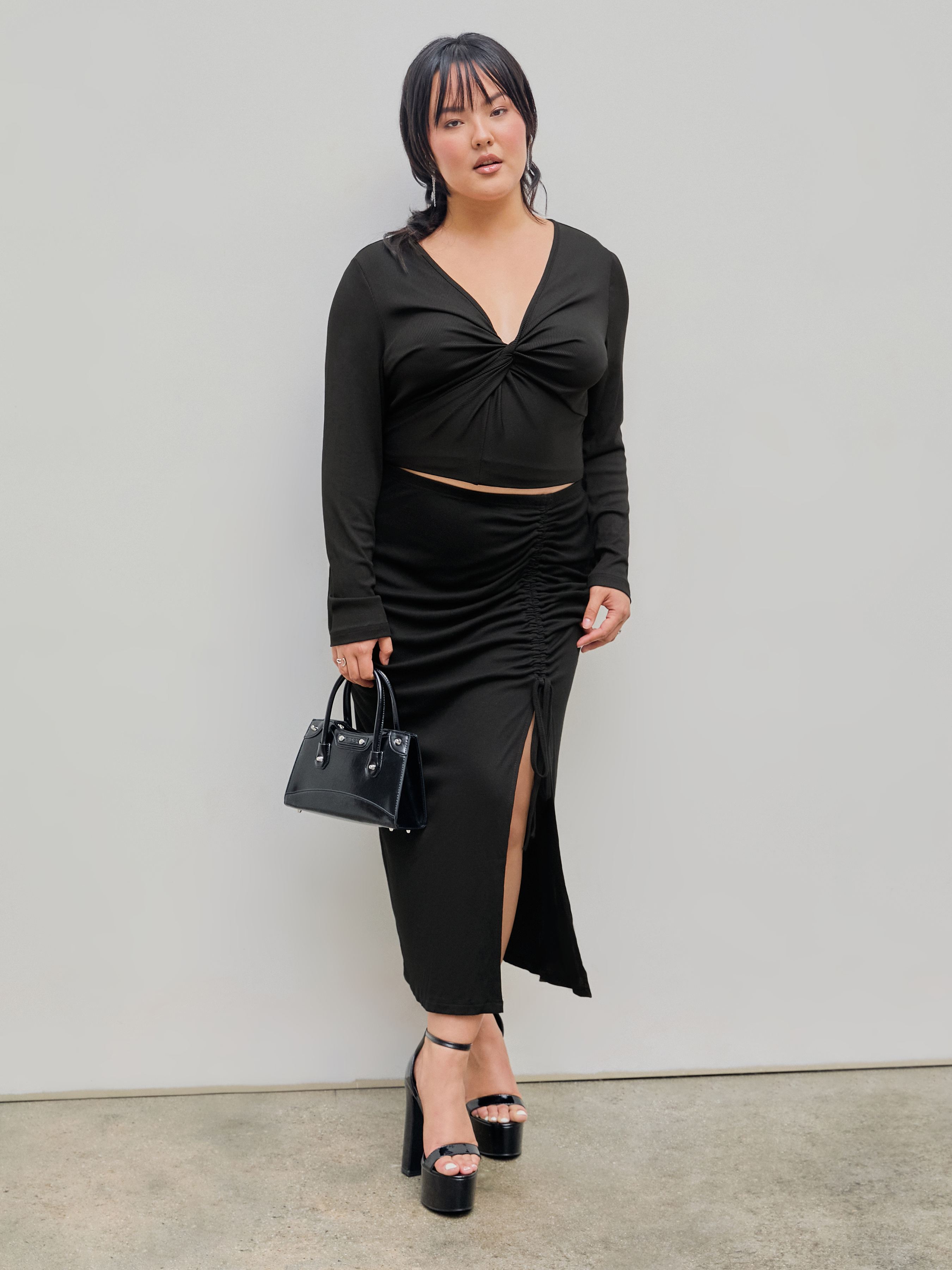 Long Skirts Knit Fabric Solid Drawstring Split Maxi Skirt