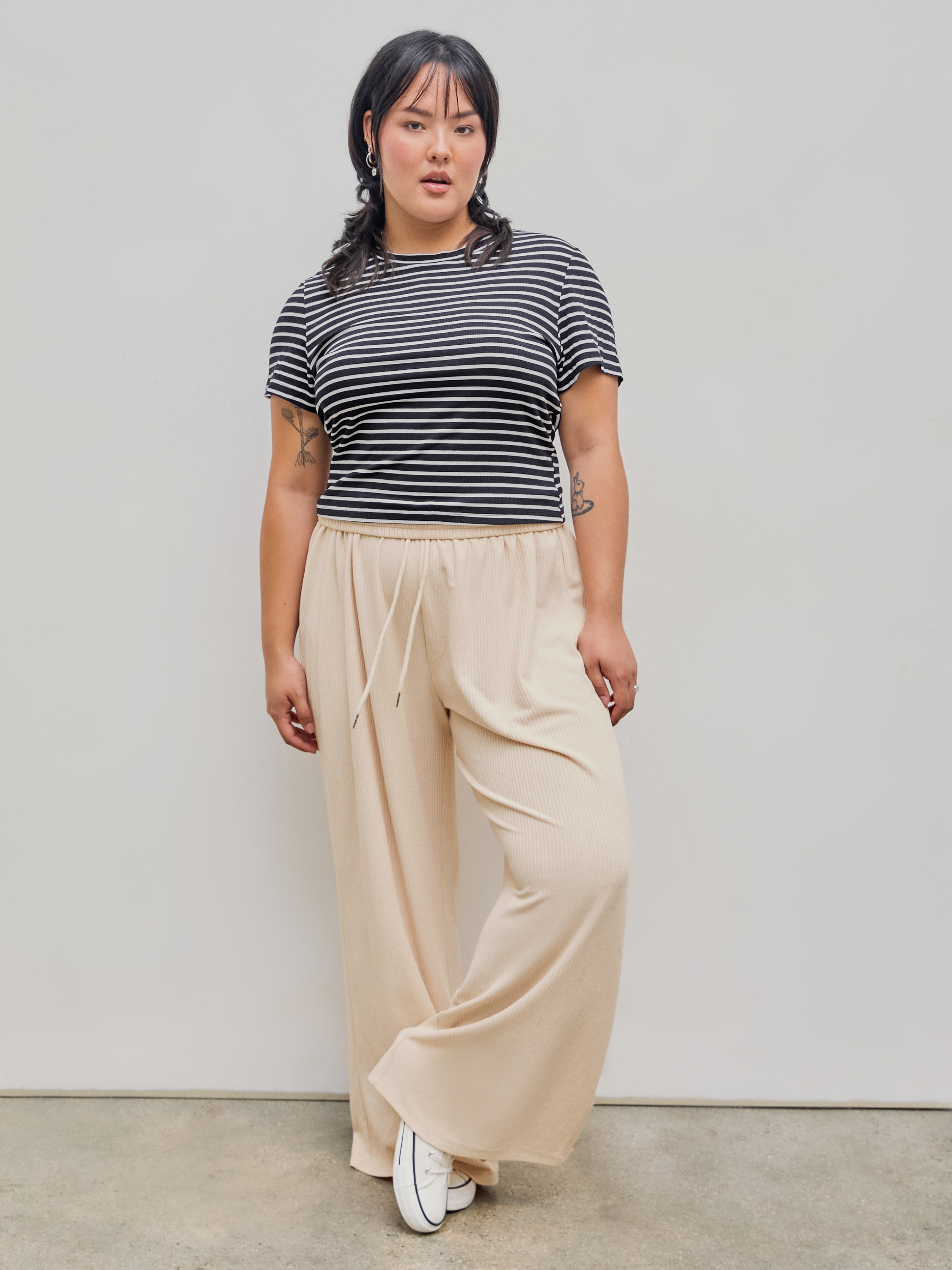 Solid Rib Drawstring Wide Leg Pants - Cider