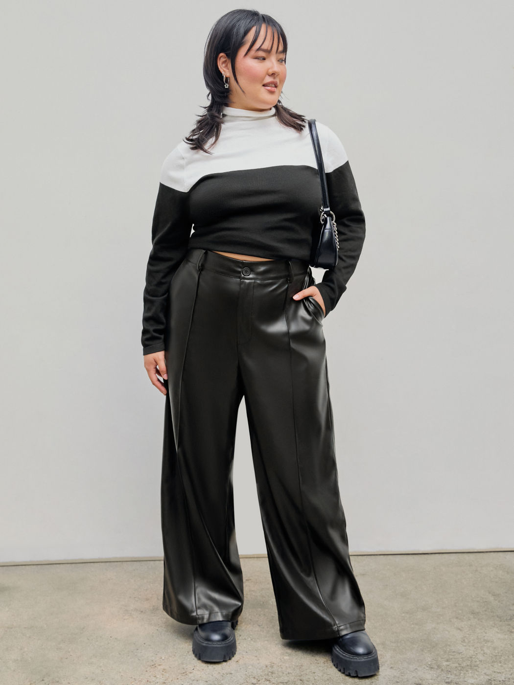  PU Solid Hohe Taille Weite Hosen Kurve & Plus