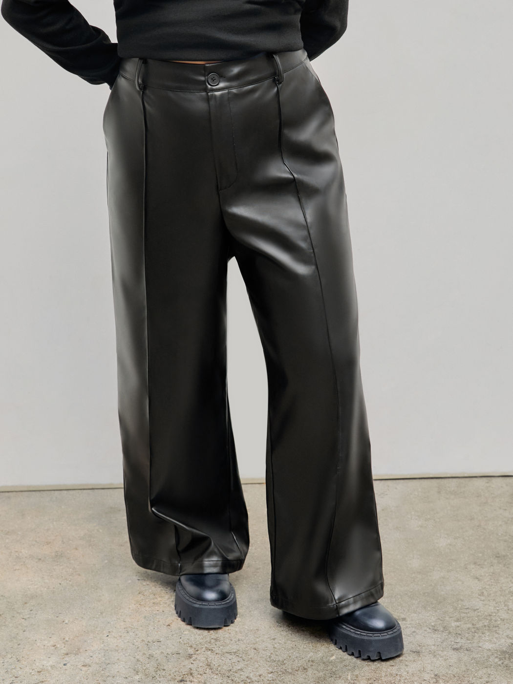  PU Solid Hohe Taille Weite Hosen Kurve & Plus